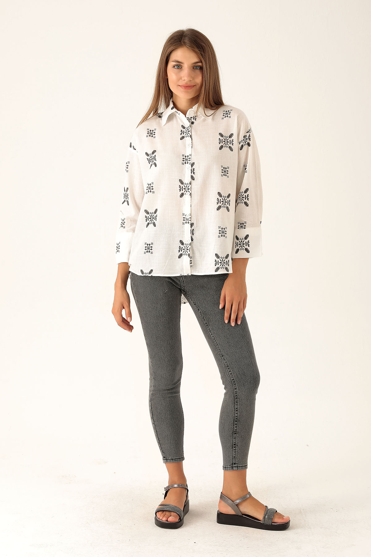 Desenli Keten Bayan Gömlek - 23300 Siyah - 4