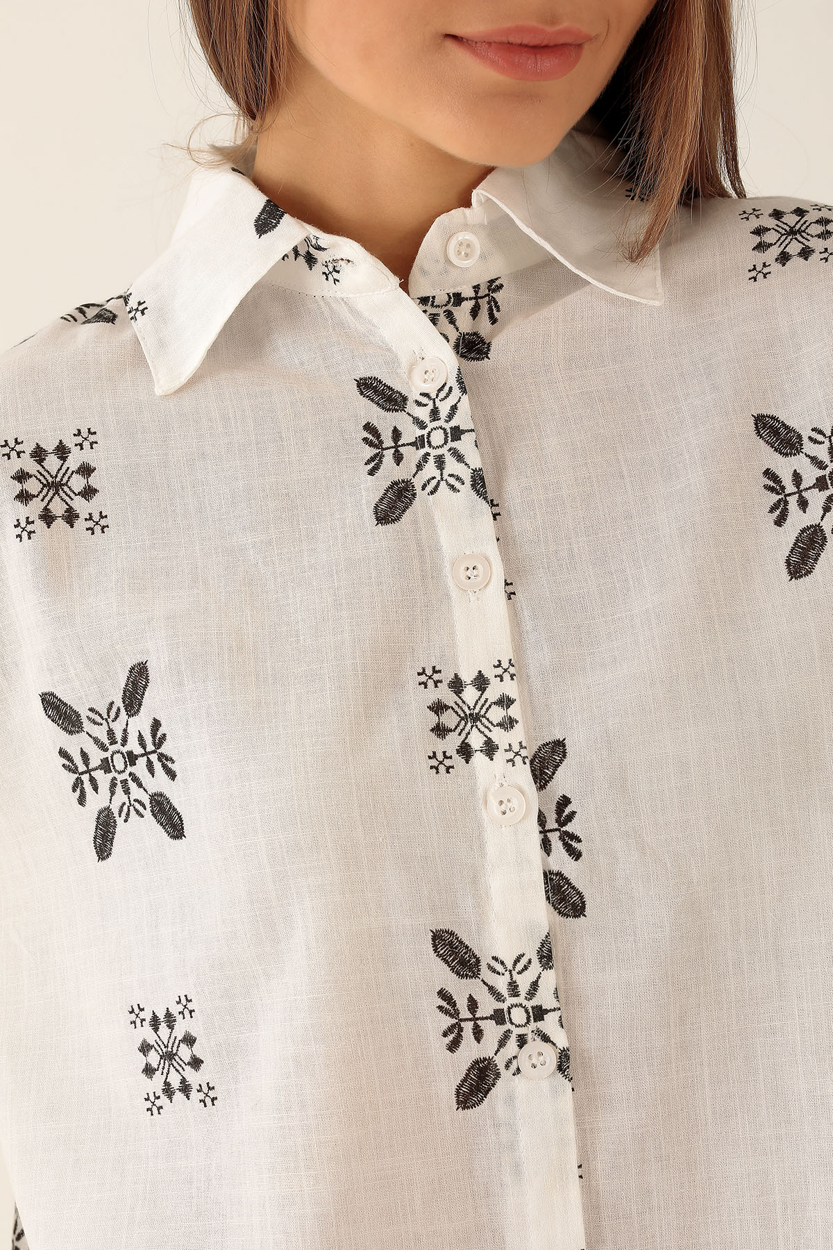 Desenli Keten Bayan Gömlek - 23300 Siyah - 6