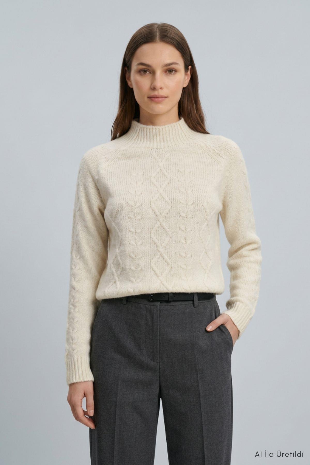 Dik Yaka Örgülü Crop Kazak 2585 Ekru - Rays
