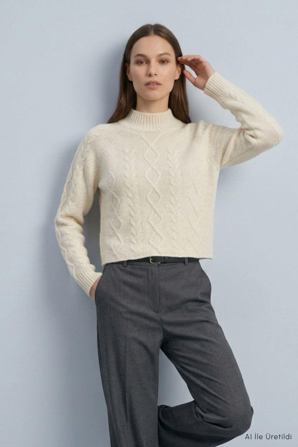 Dik Yaka Örgülü Crop Kazak 2585 Ekru - Rays