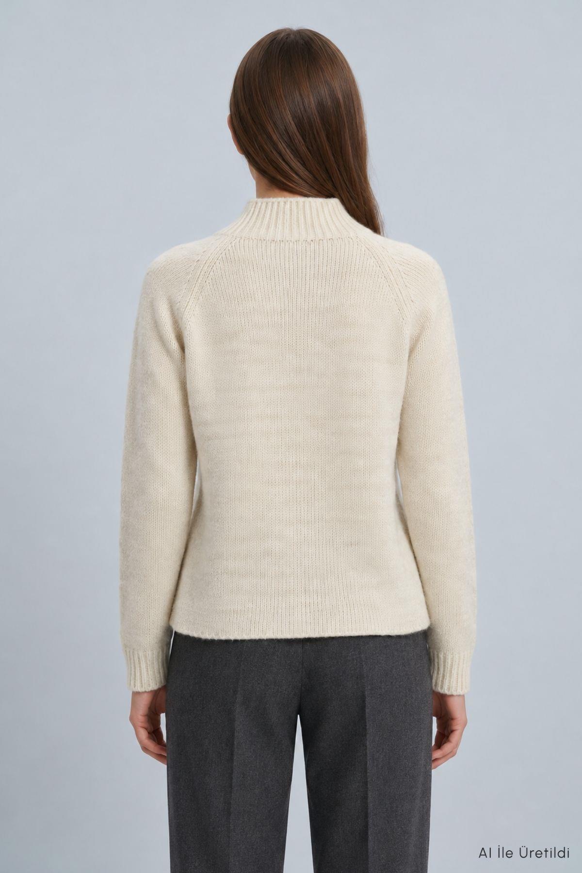 Dik Yaka Örgülü Crop Kazak 2585 Ekru - 3