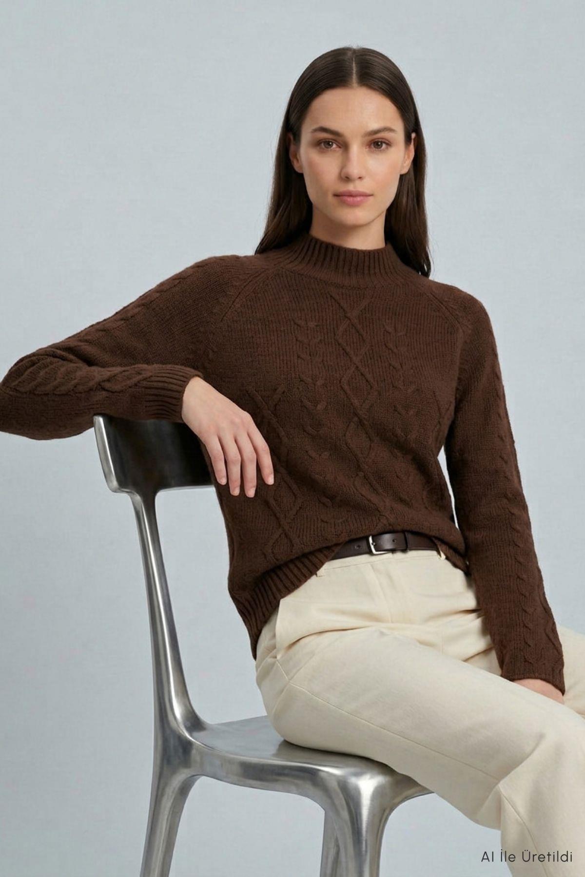 Dik Yaka Örgülü Crop Kazak 2585 Kahve - Rays