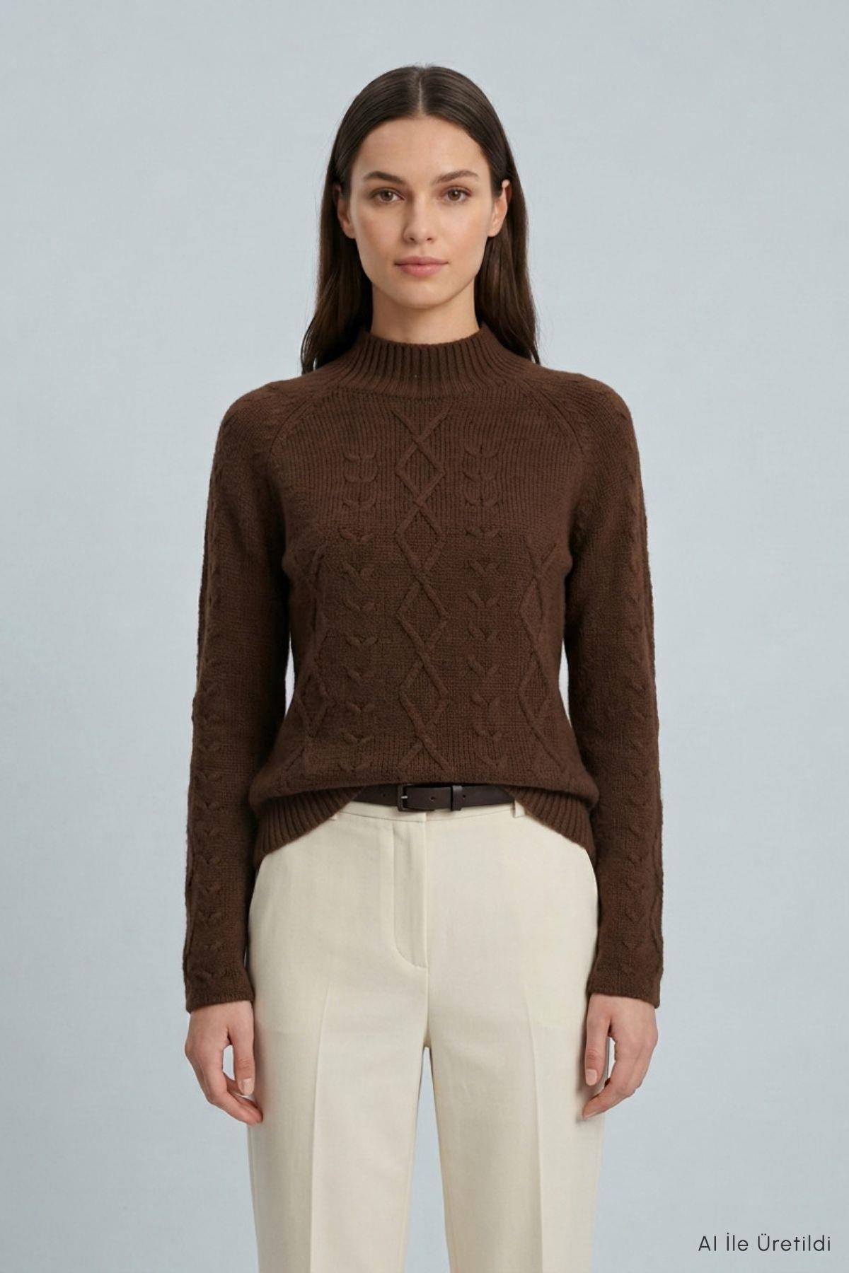 Dik Yaka Örgülü Crop Kazak 2585 Kahve - 2