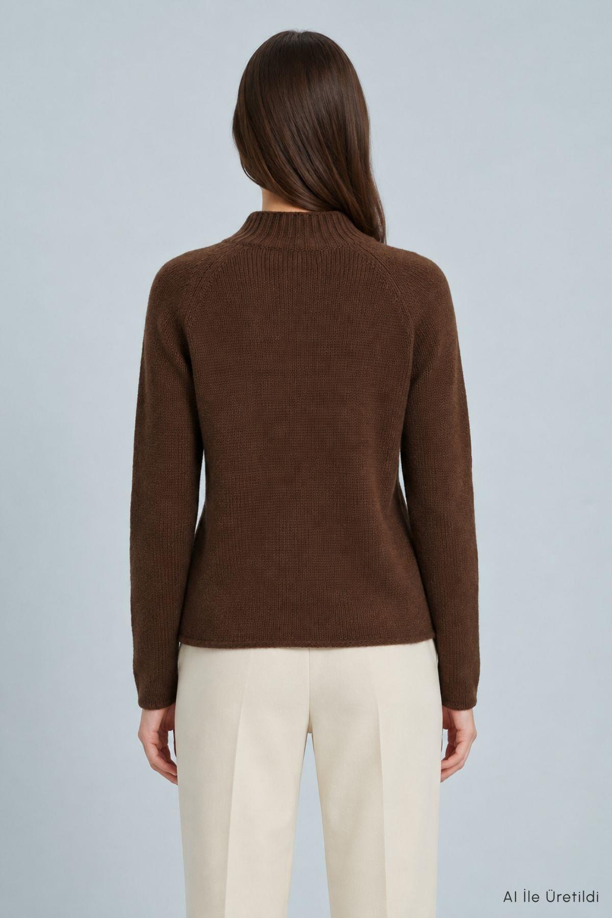 Dik Yaka Örgülü Crop Kazak 2585 Kahve - Rays