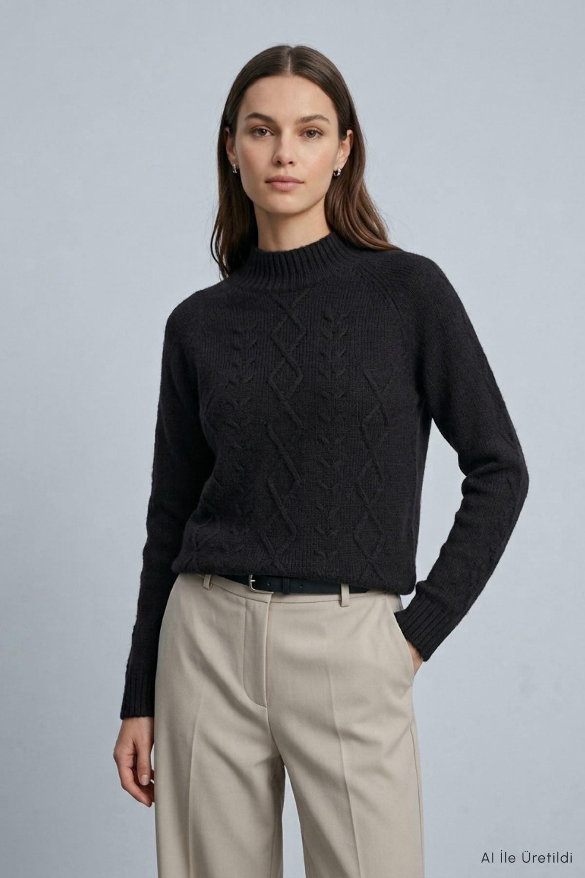 Dik Yaka Örgülü Crop Kazak 2585 Siyah - 1
