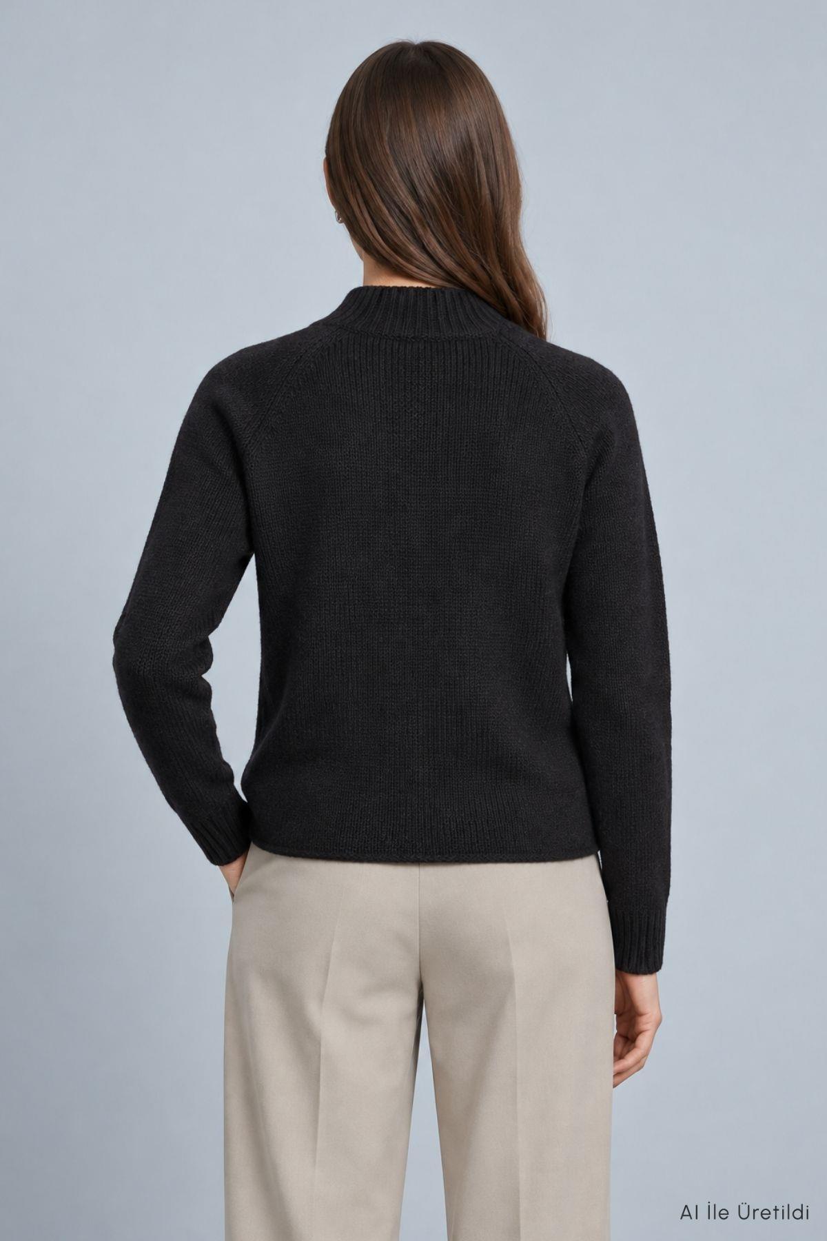 Dik Yaka Örgülü Crop Kazak 2585 Siyah - Rays