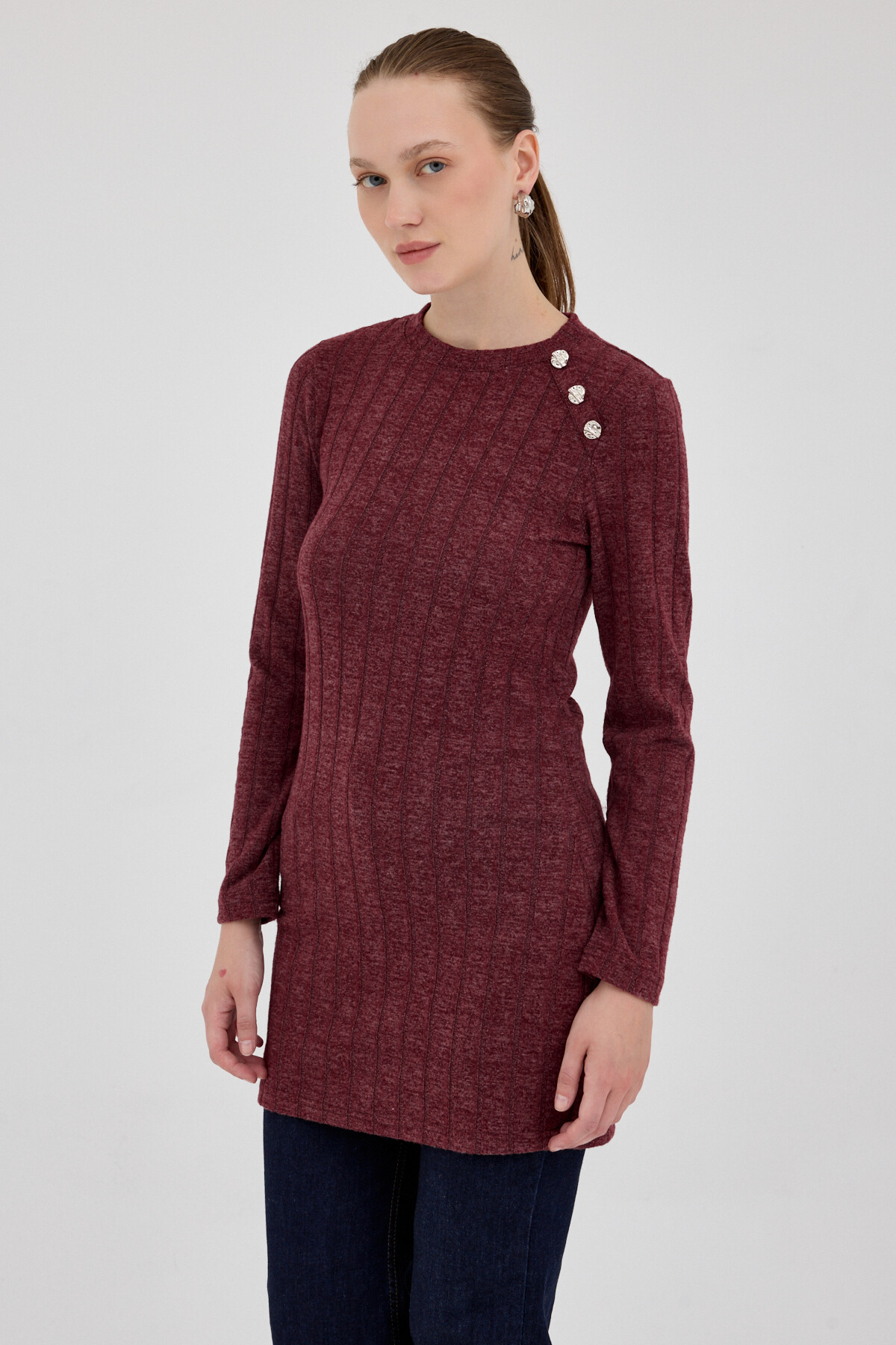 Bordo Düğme Detaylı Çizgili Triko Tunik 8132A - 1