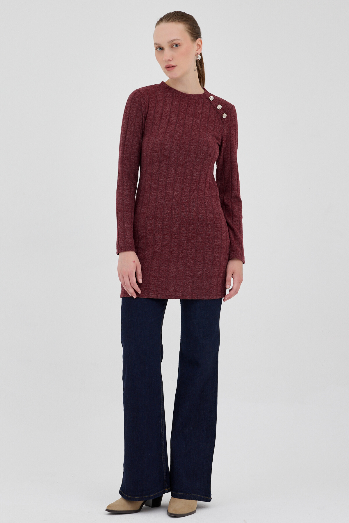 Bordo Düğme Detaylı Çizgili Triko Tunik 8132A - RAYS