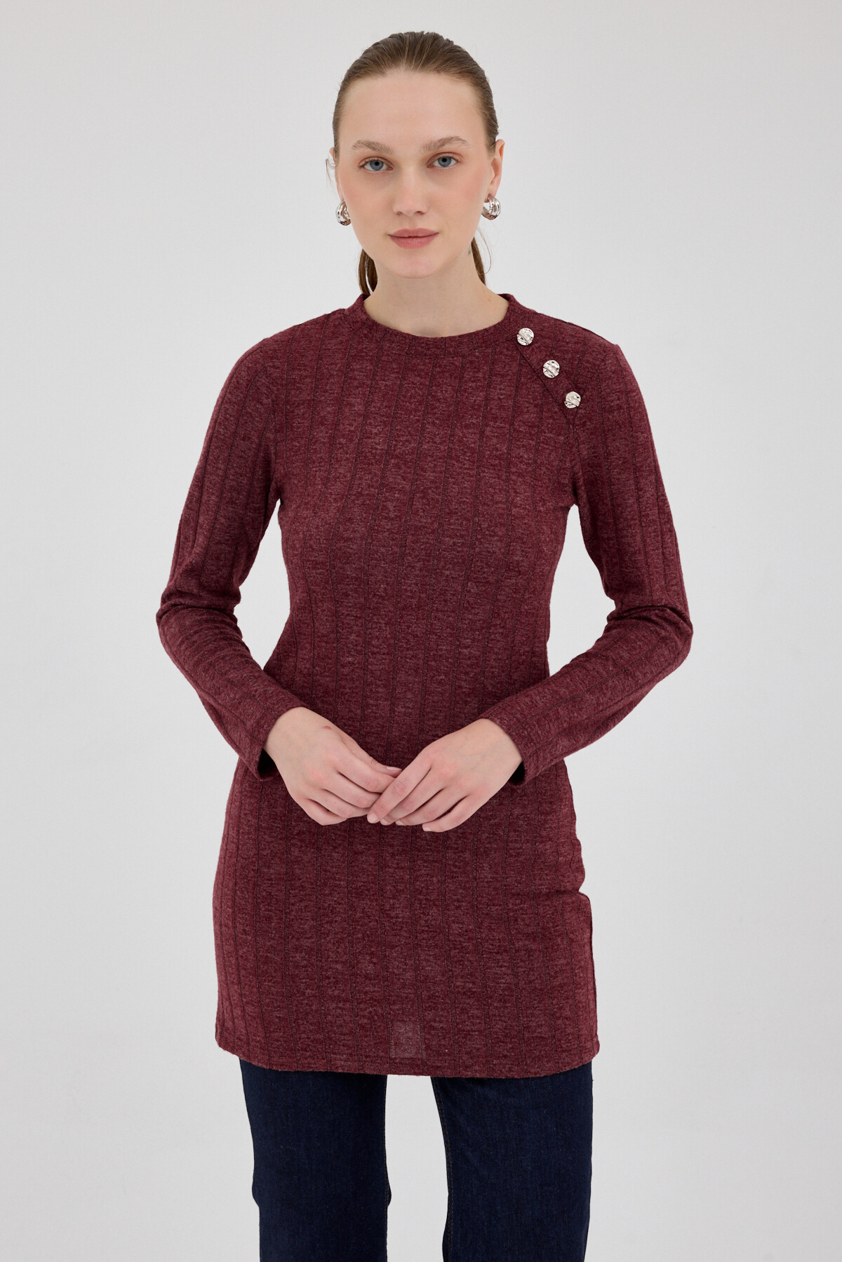 Bordo Düğme Detaylı Çizgili Triko Tunik 8132A - 2