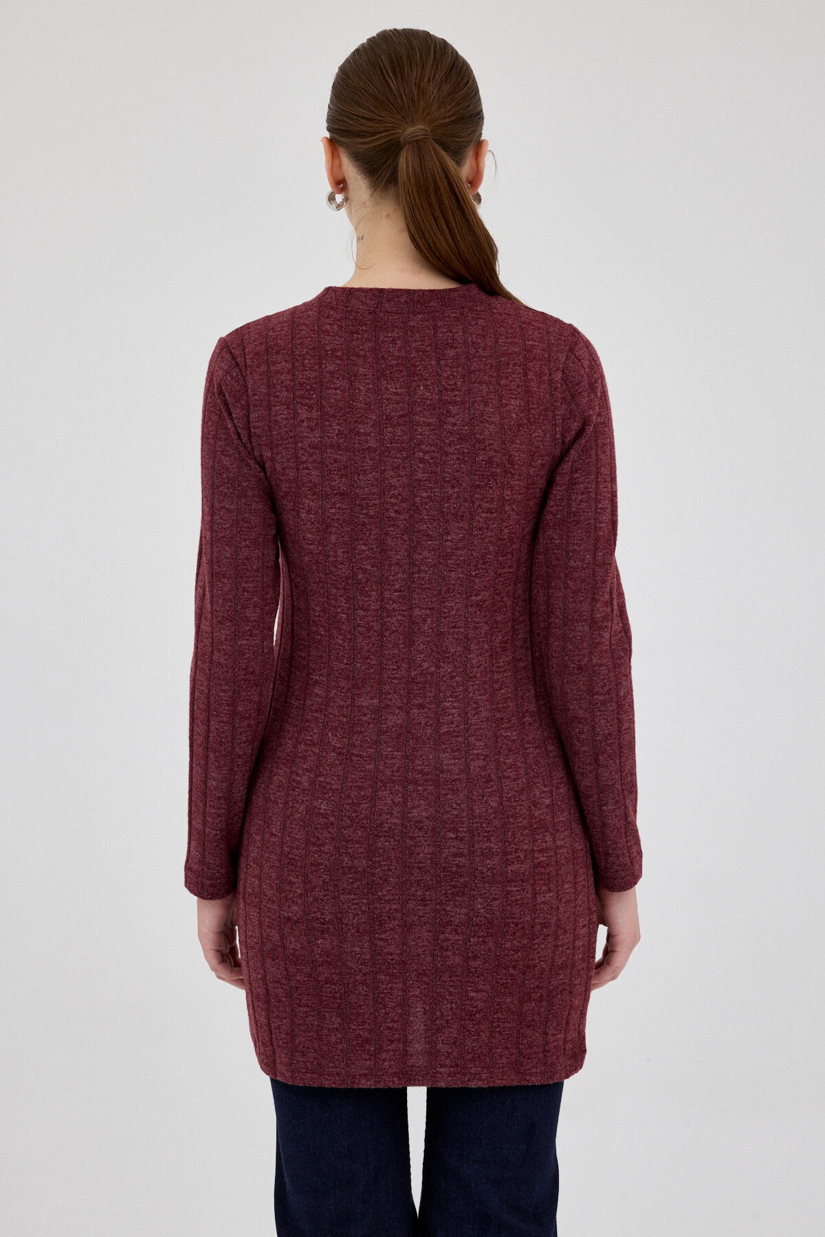 Bordo Düğme Detaylı Çizgili Triko Tunik 8132A - 5