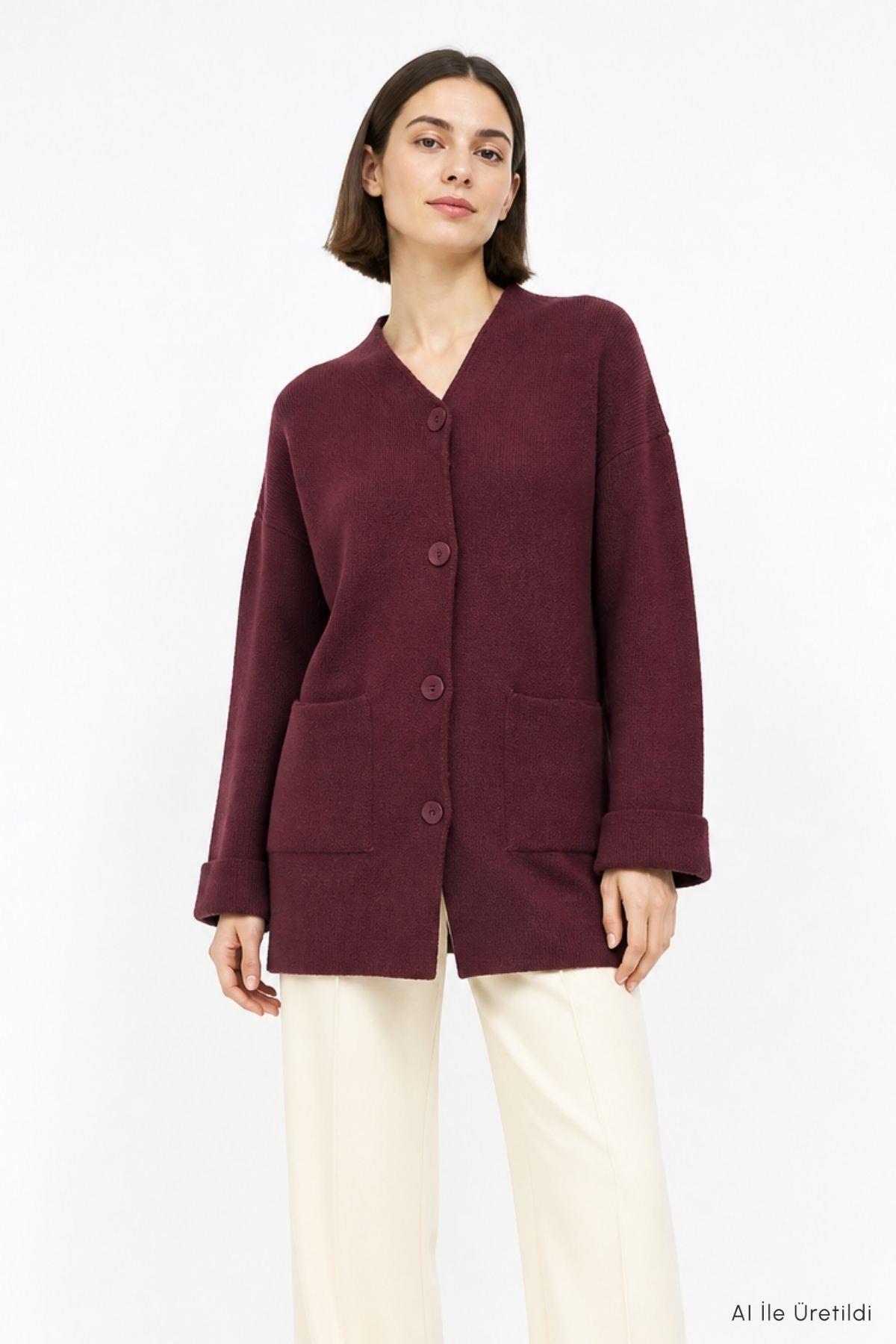 Düğmeli Cepli Uzun Hırka 07446 Bordo - RAYS
