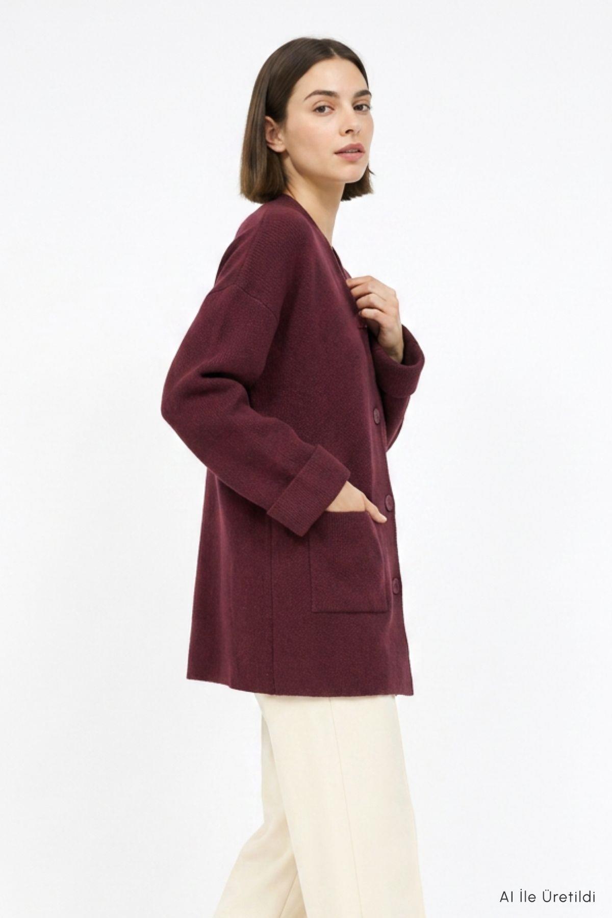 Düğmeli Cepli Uzun Hırka 07446 Bordo - RAYS