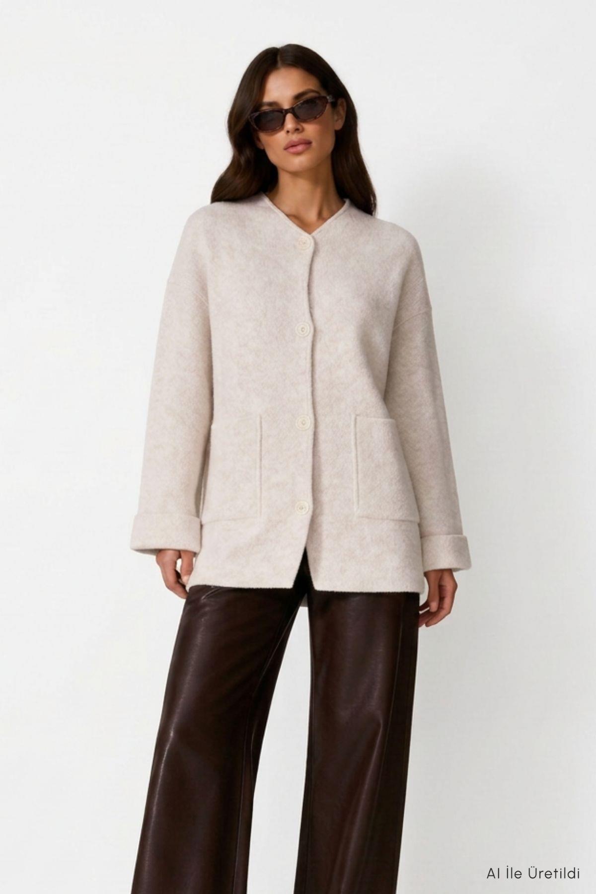 Düğmeli Cepli Uzun Hırka 07446 Taş - 2