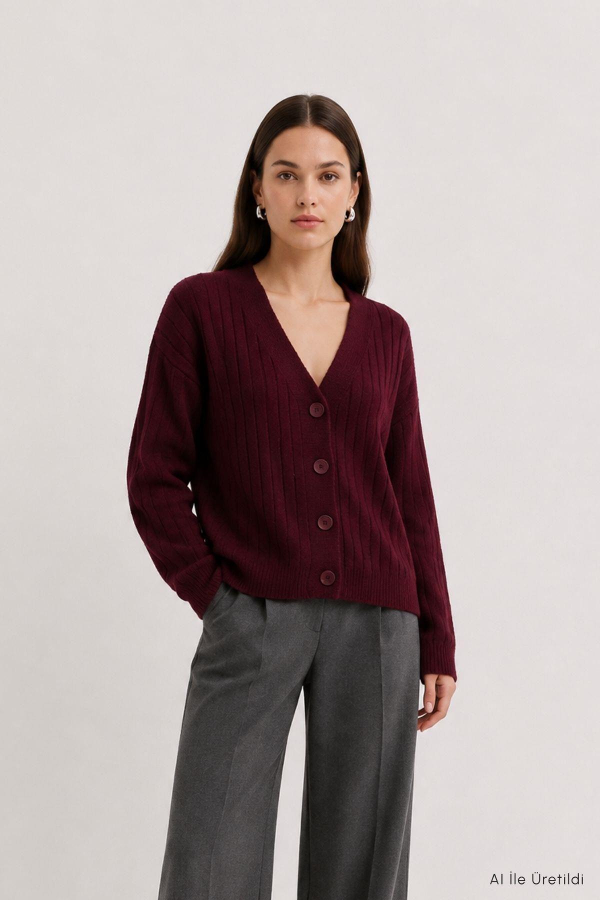 Düğmeli Fitilli Hırka 0119 Bordo 