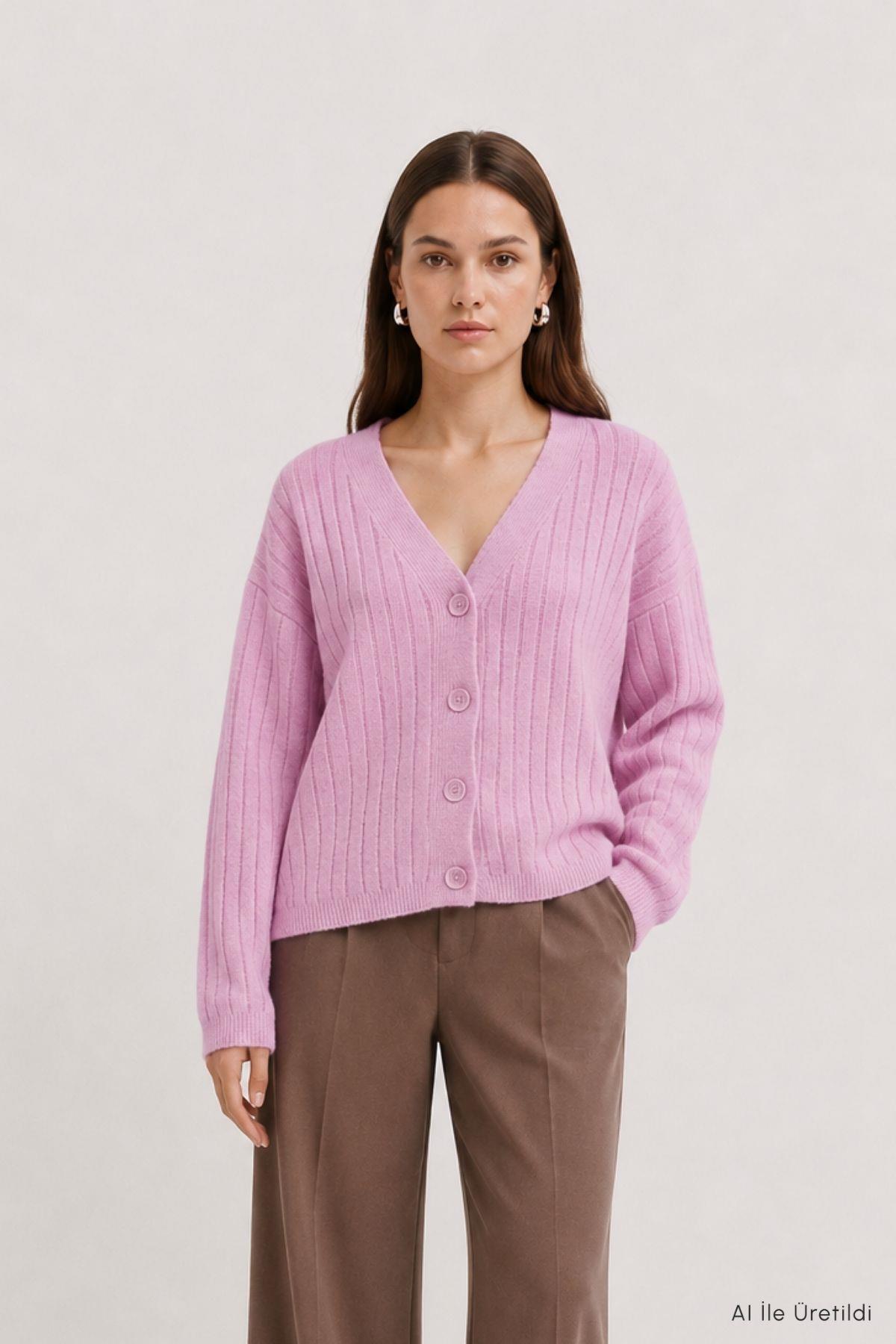 Düğmeli Fitilli Hırka 0119 Pembe - 1