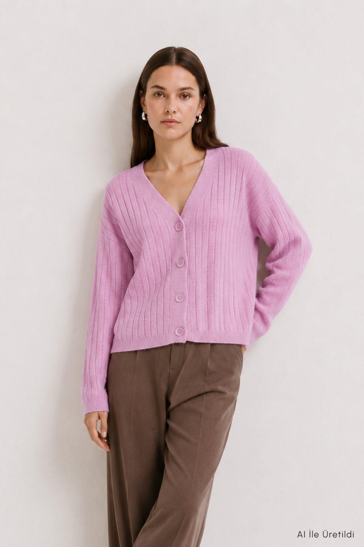 Düğmeli Fitilli Hırka 0119 Pembe - RAYS