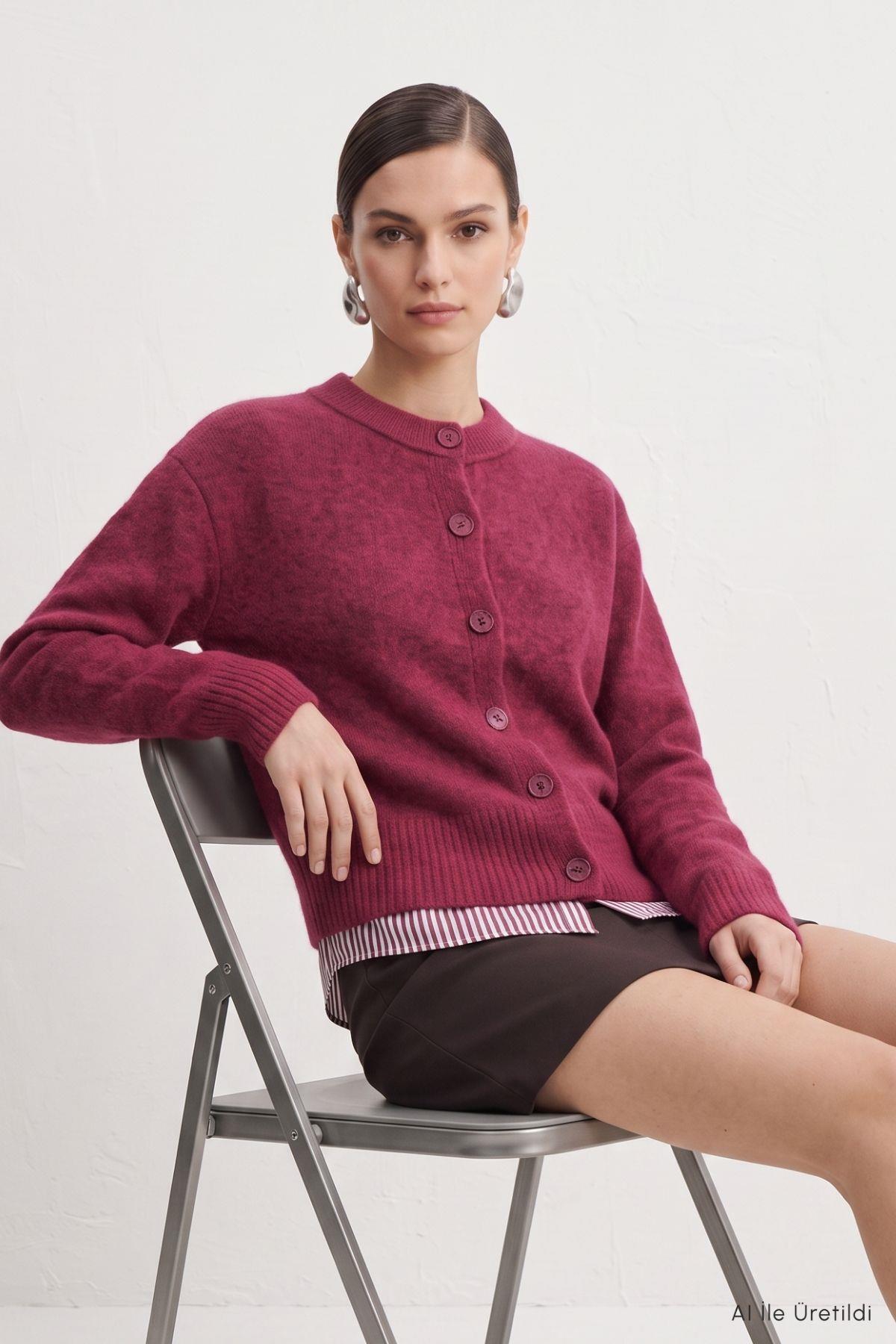 Düğmeli Kısa Hırka 70145 Bordo - 1