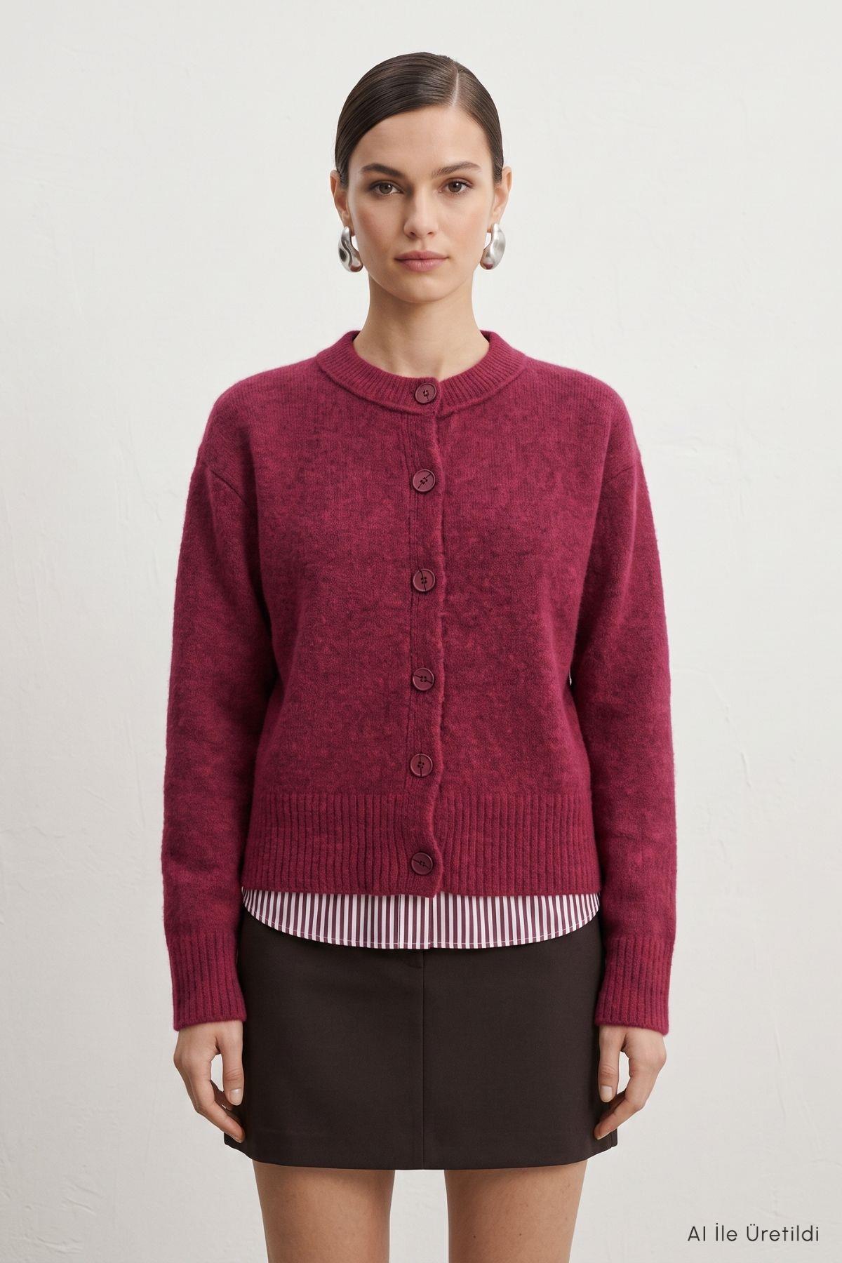 Düğmeli Kısa Hırka 70145 Bordo - 2