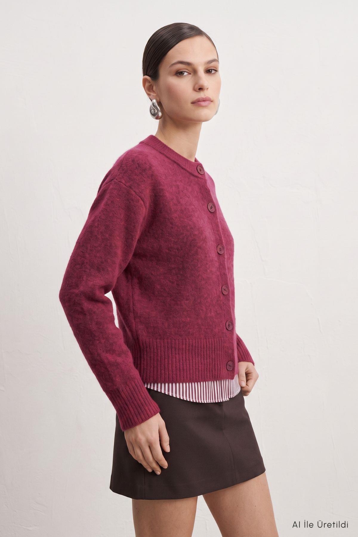 Düğmeli Kısa Hırka 70145 Bordo - RAYS