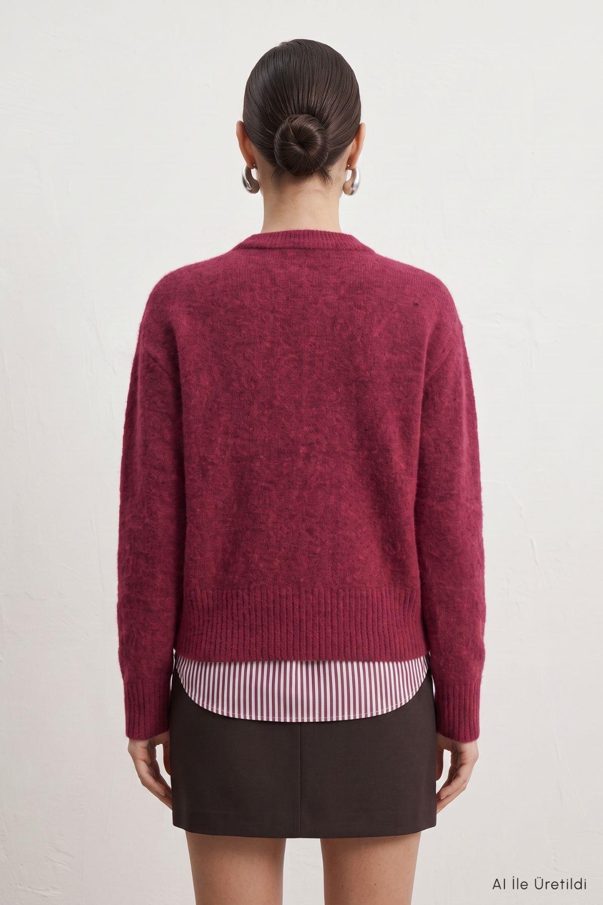 Düğmeli Kısa Hırka 70145 Bordo - RAYS