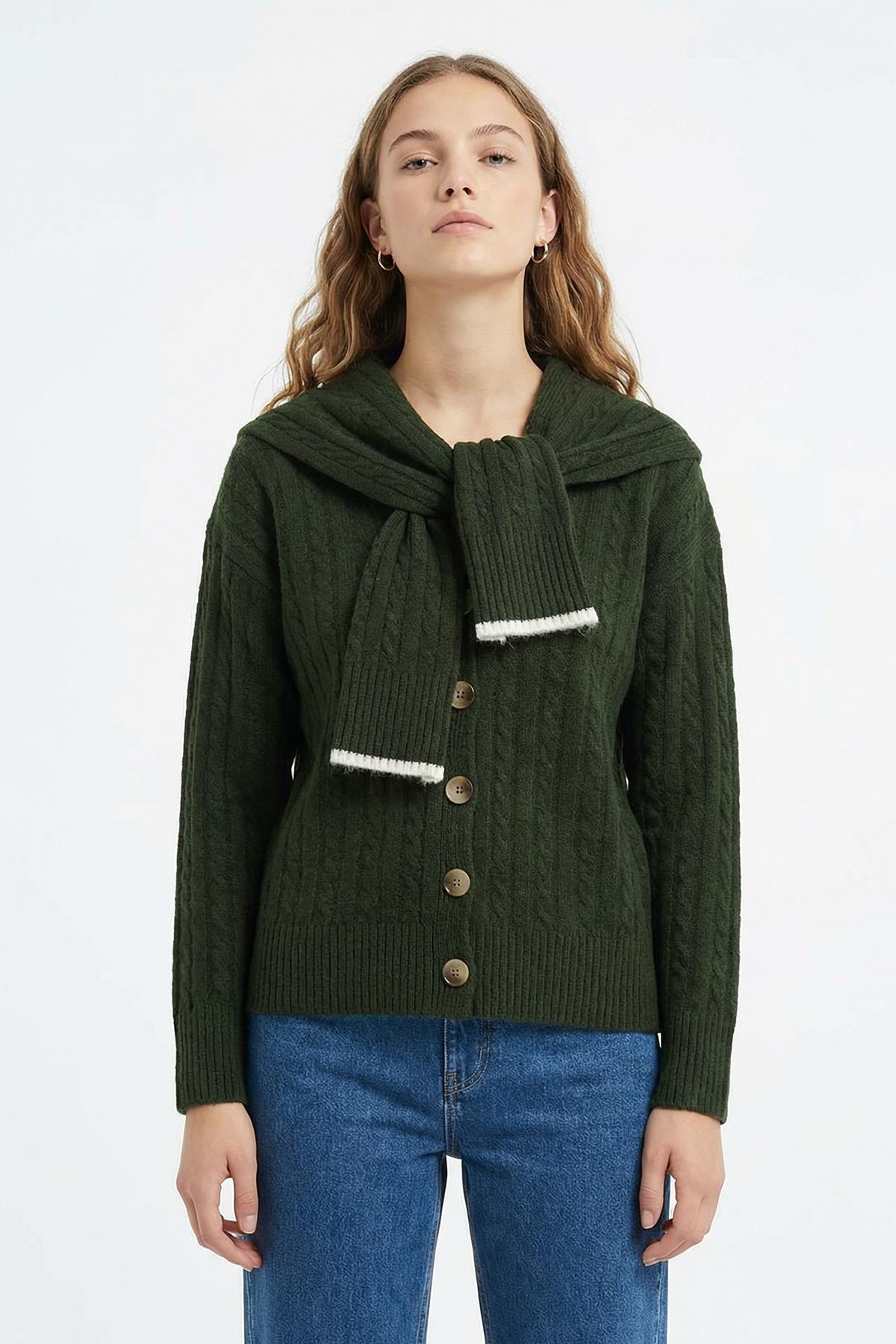 Düğmeli Örgülü Hırka Haki 2470 - RAYS