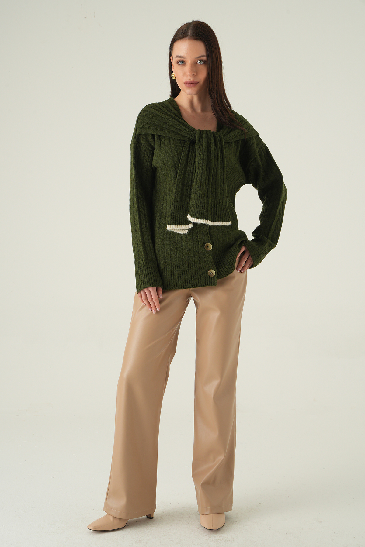 Düğmeli Örgülü Hırka Haki 2470 - RAYS