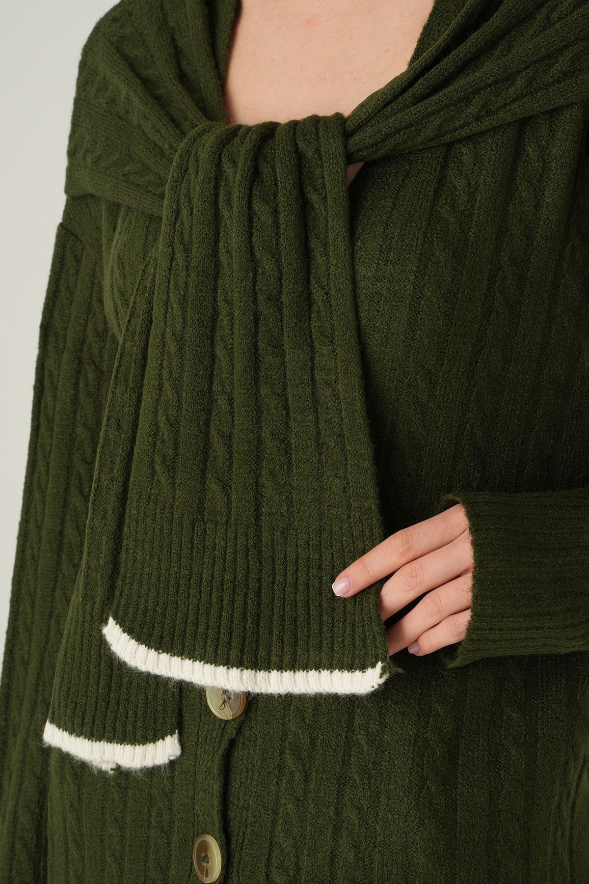 Düğmeli Örgülü Hırka Haki 2470 - RAYS