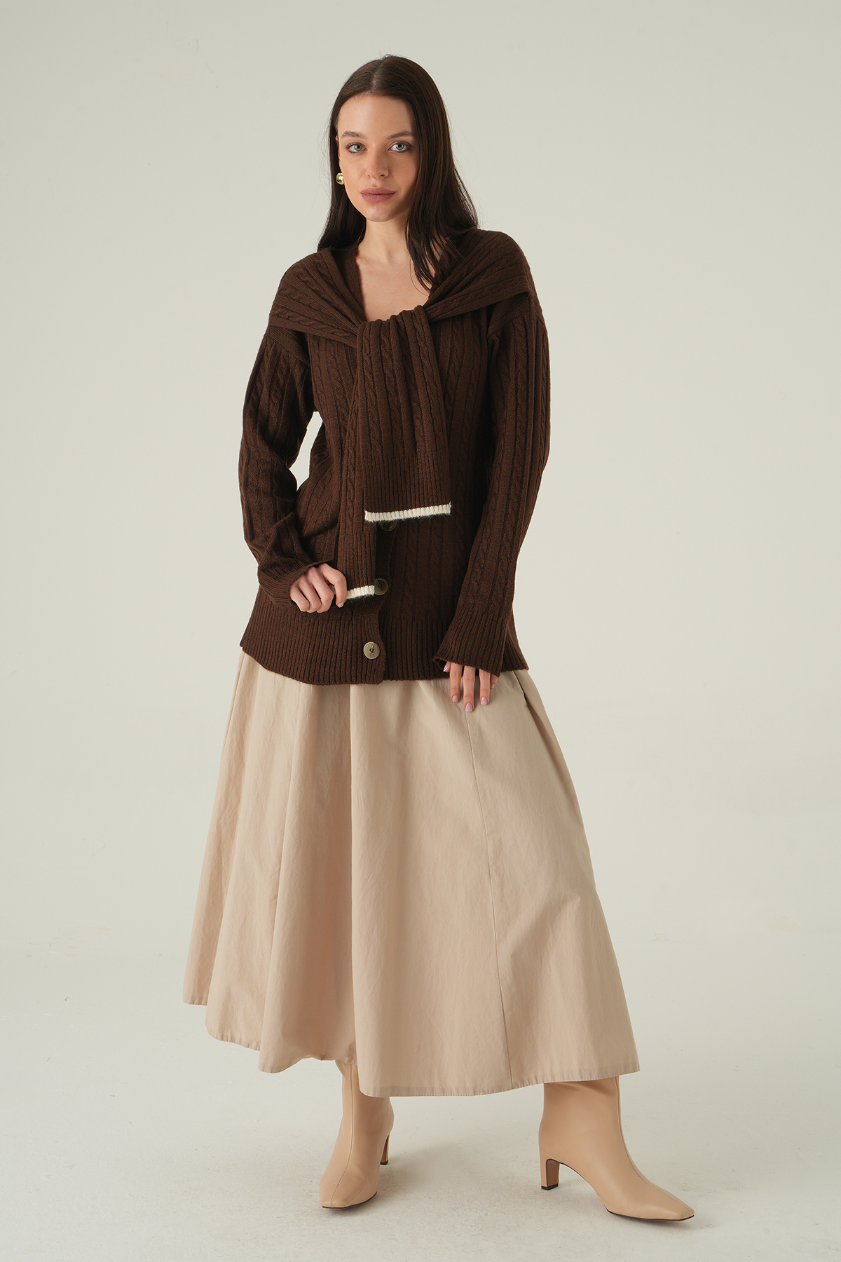 Düğmeli Örgülü Hırka Kahve 2470 - 7