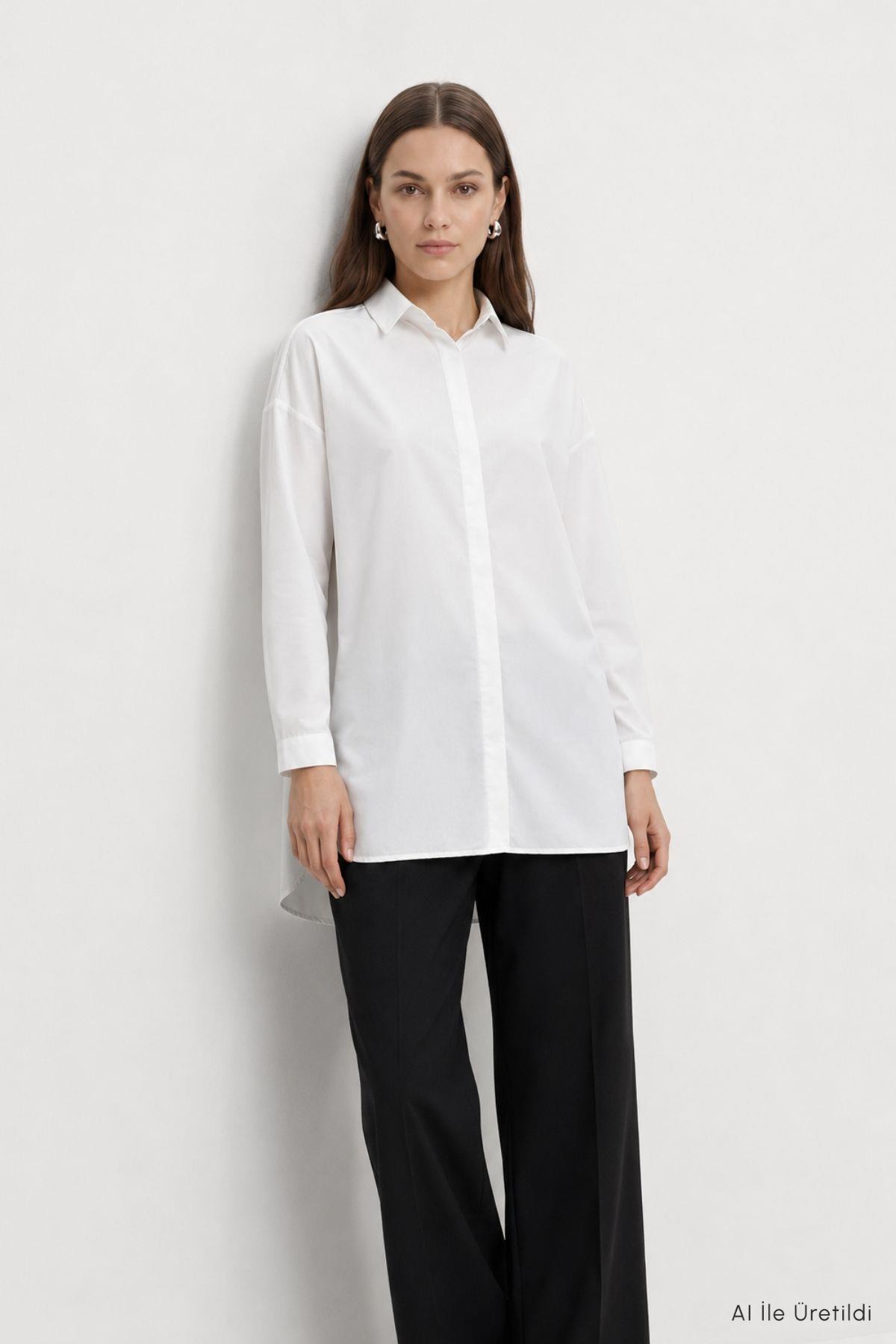 Düğmeli Salaş Tunik 4537 Beyaz - 1