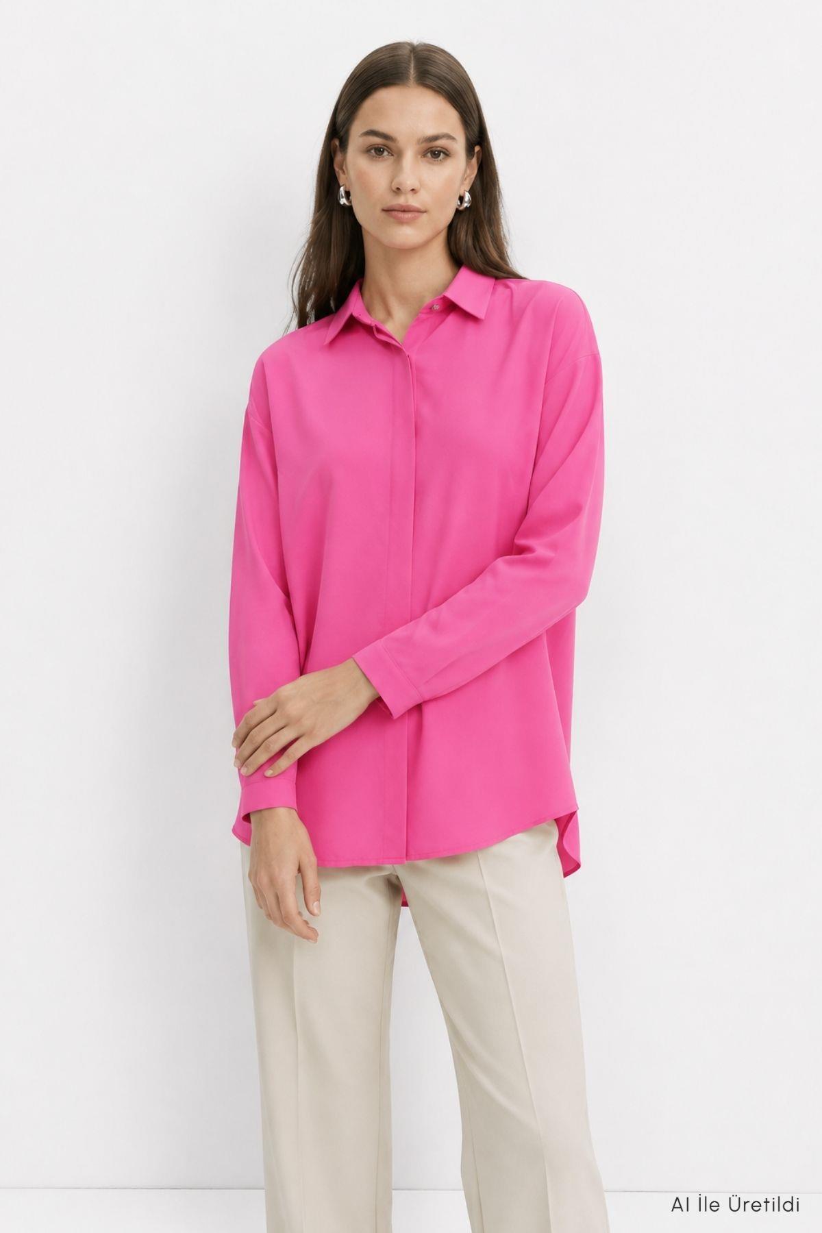 Düğmeli Salaş Tunik 4537 Fuşya - 1