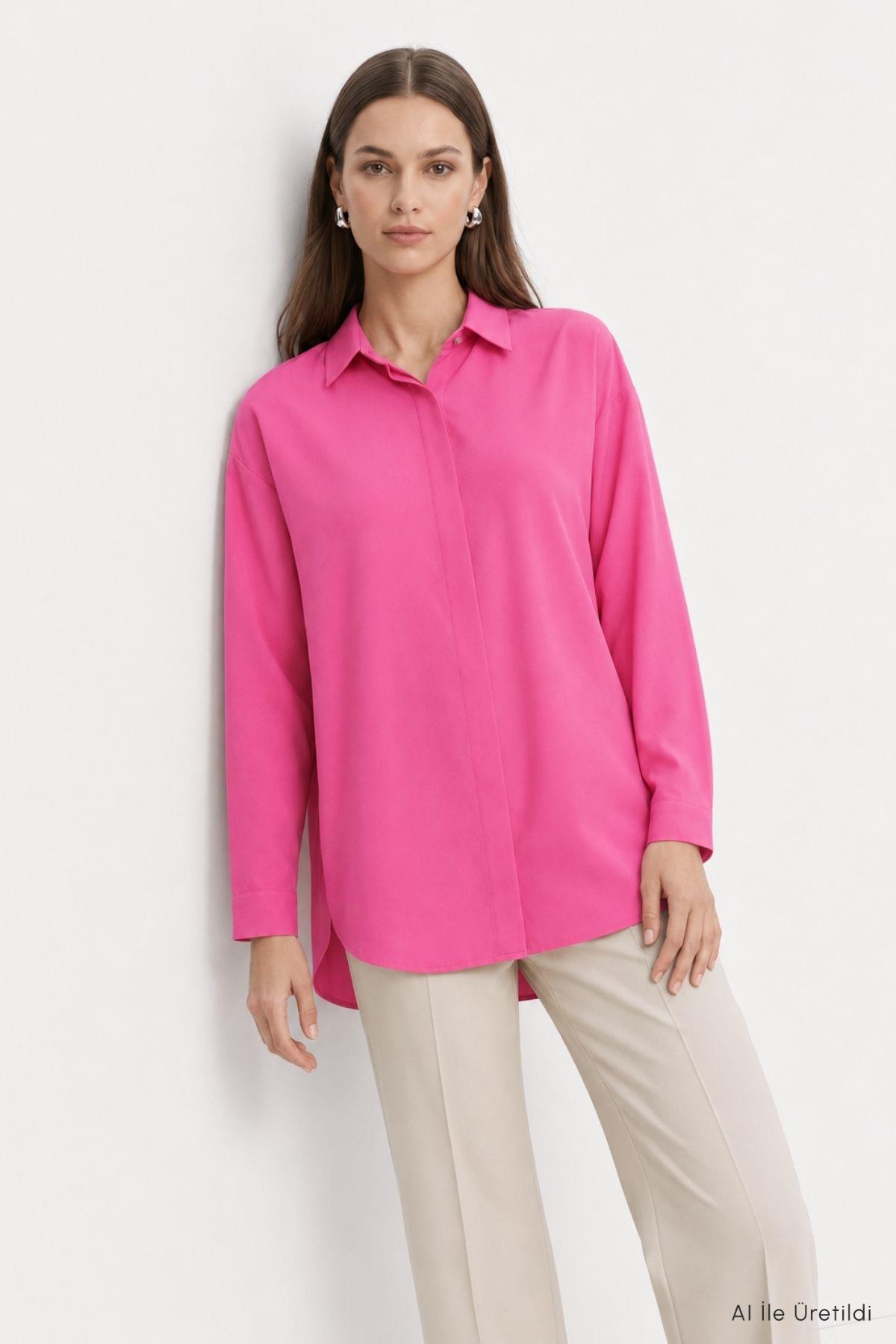 Düğmeli Salaş Tunik 4537 Fuşya - RAYS (1)