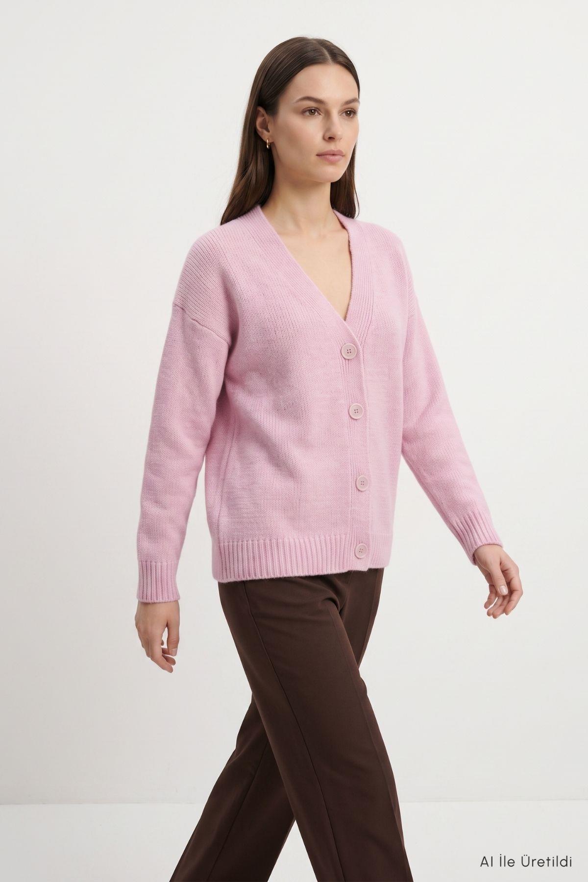 Düğmeli Triko Hırka 20255 Pembe - RAYS