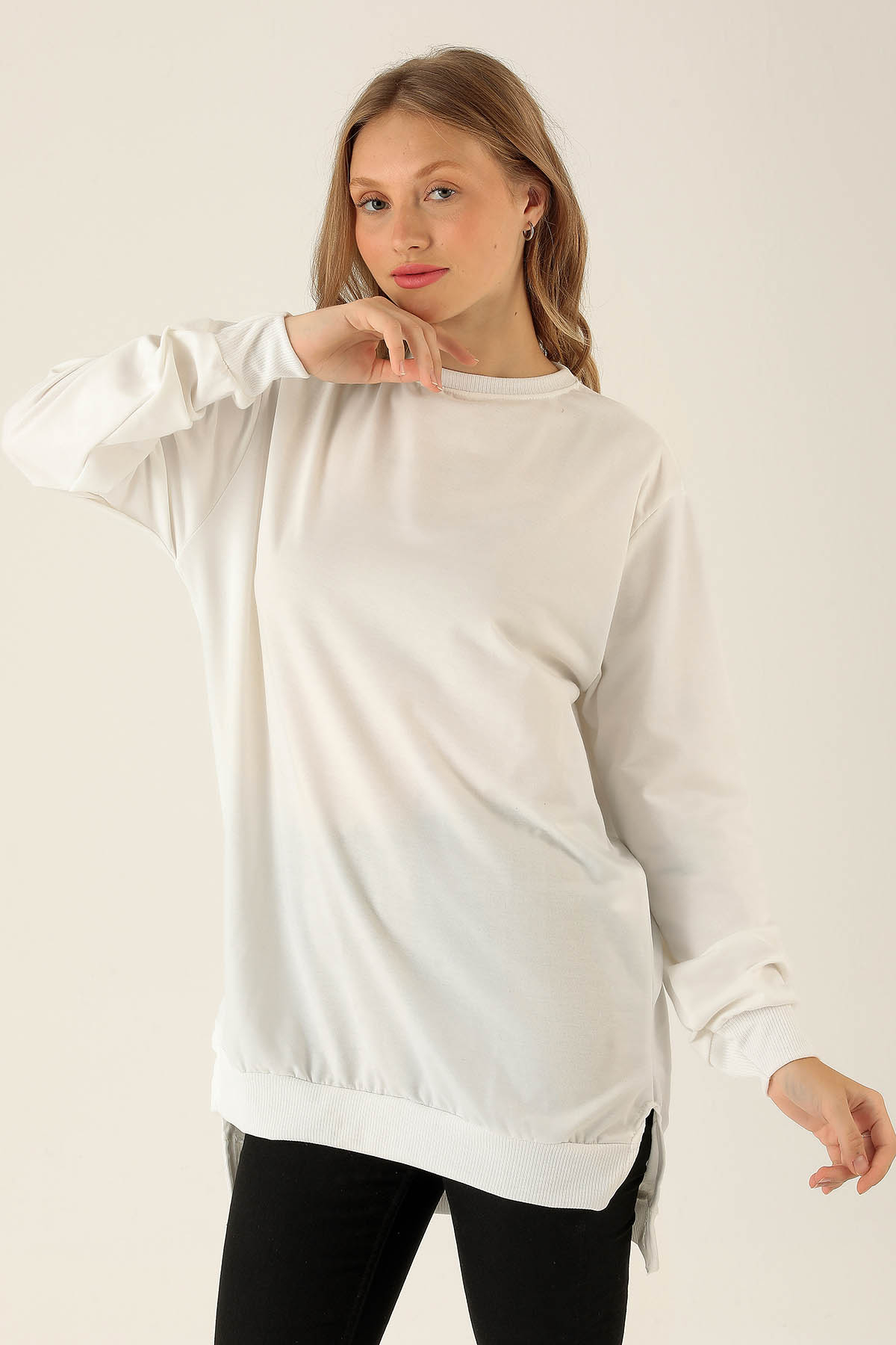 Düz Basic Bayan Sweat - 0013 Ekru 