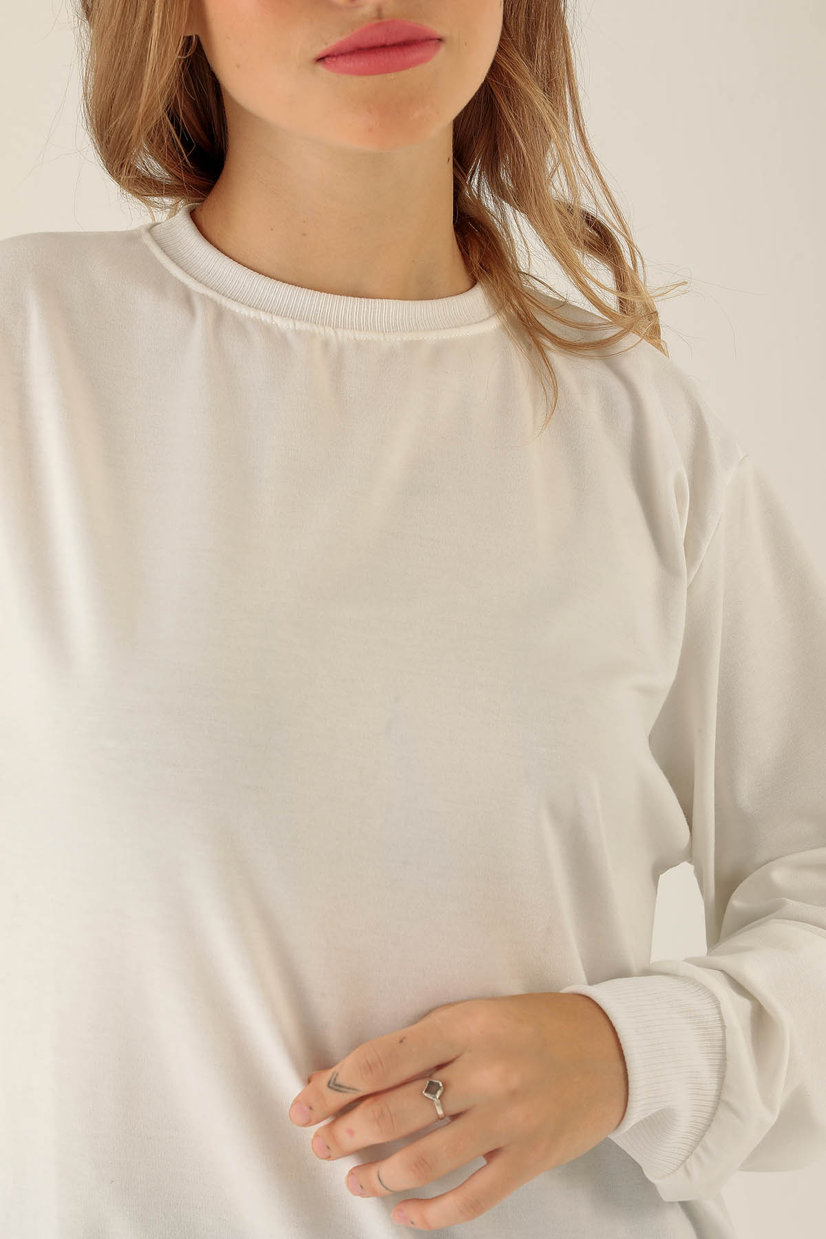 Düz Basic Bayan Sweat - 0013 Ekru - 6