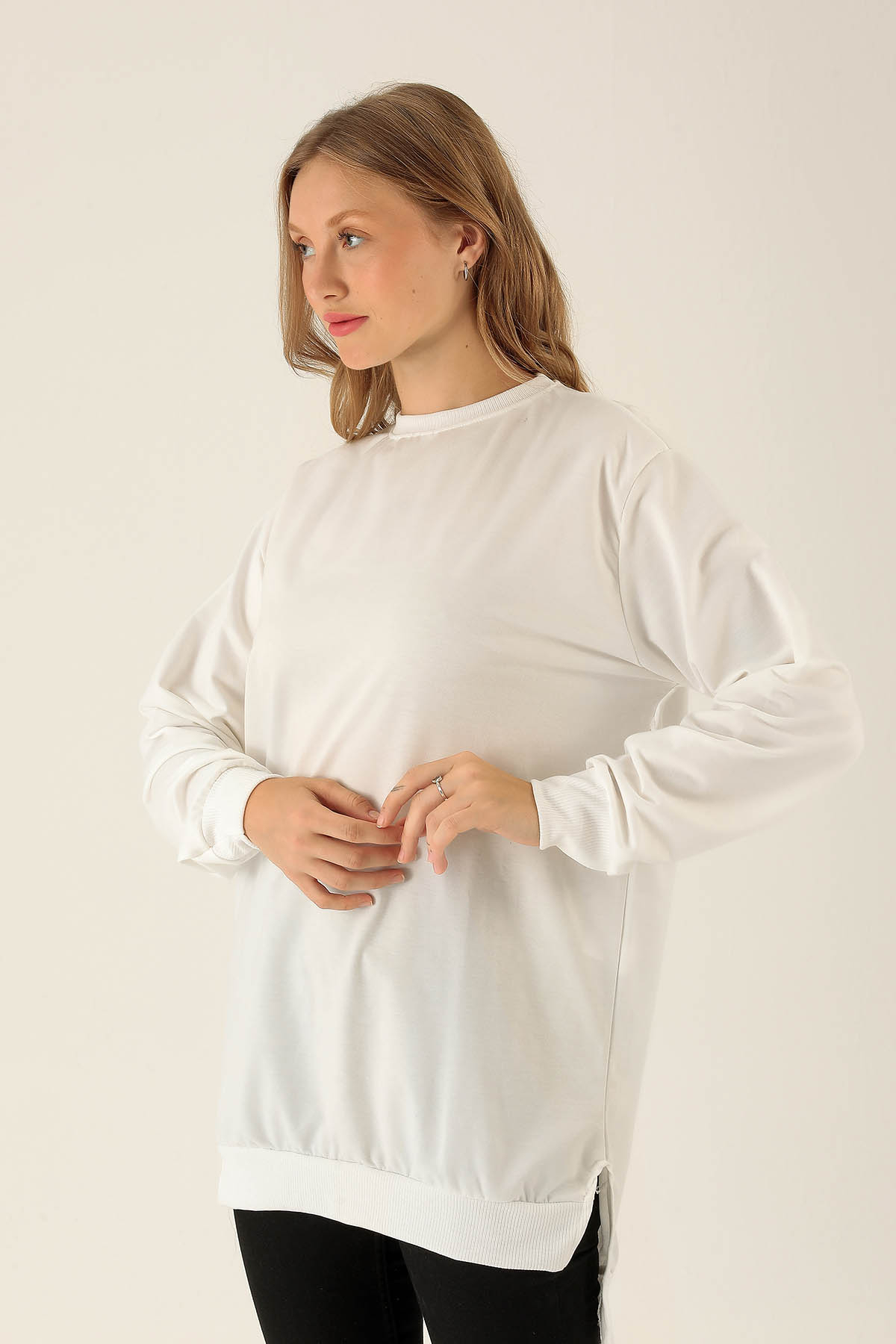 Düz Basic Bayan Sweat - 0013 Ekru - 2