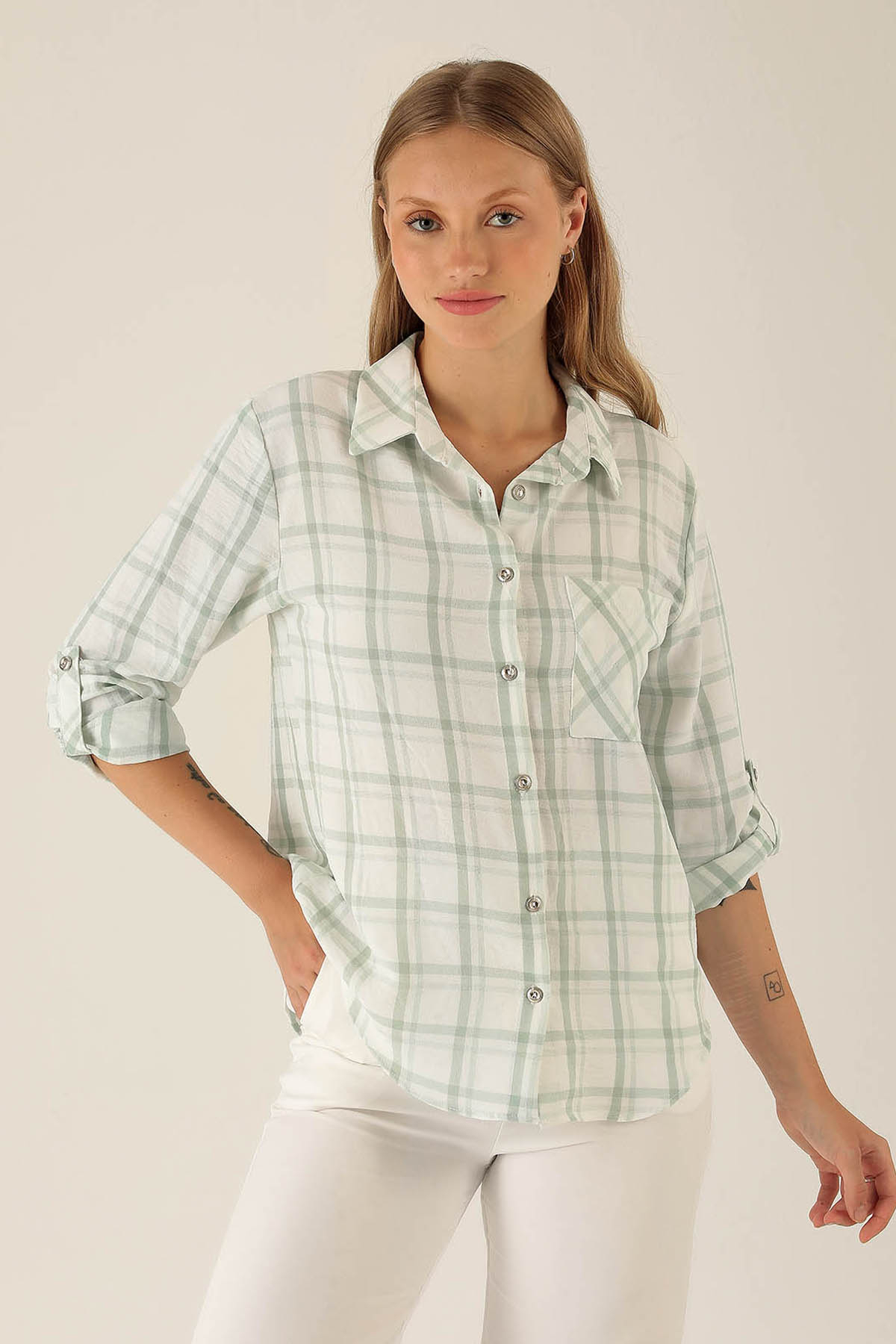 Ekoseli Bayan Gömlek - 6791A Çağla - 1