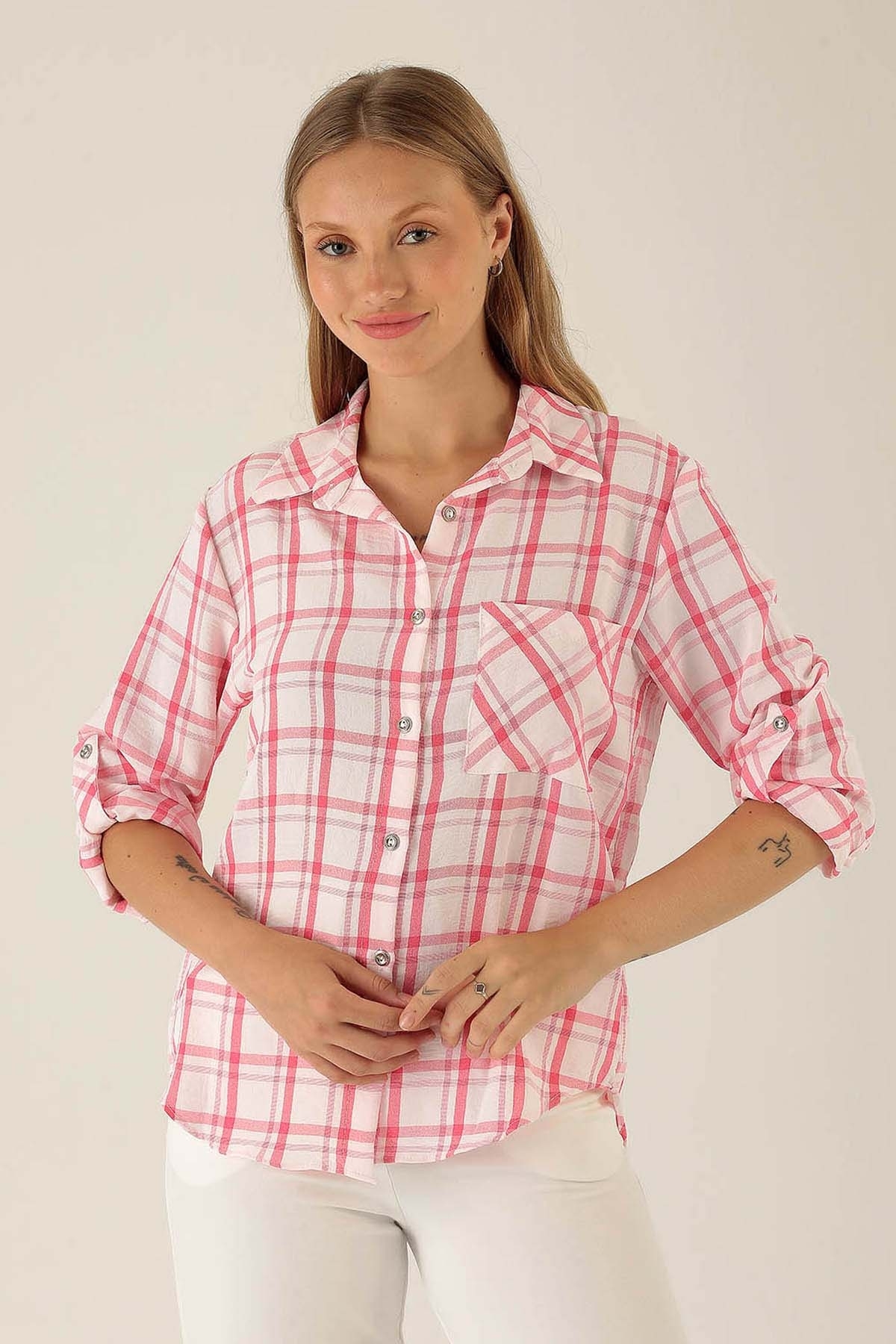 Ekoseli Bayan Gömlek - 6791A Fuşya - 2