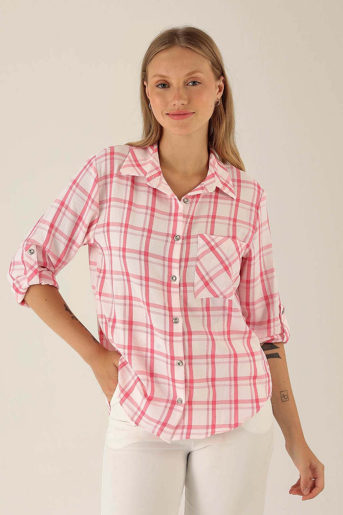 Ekoseli Bayan Gömlek - 6791A Fuşya - 1