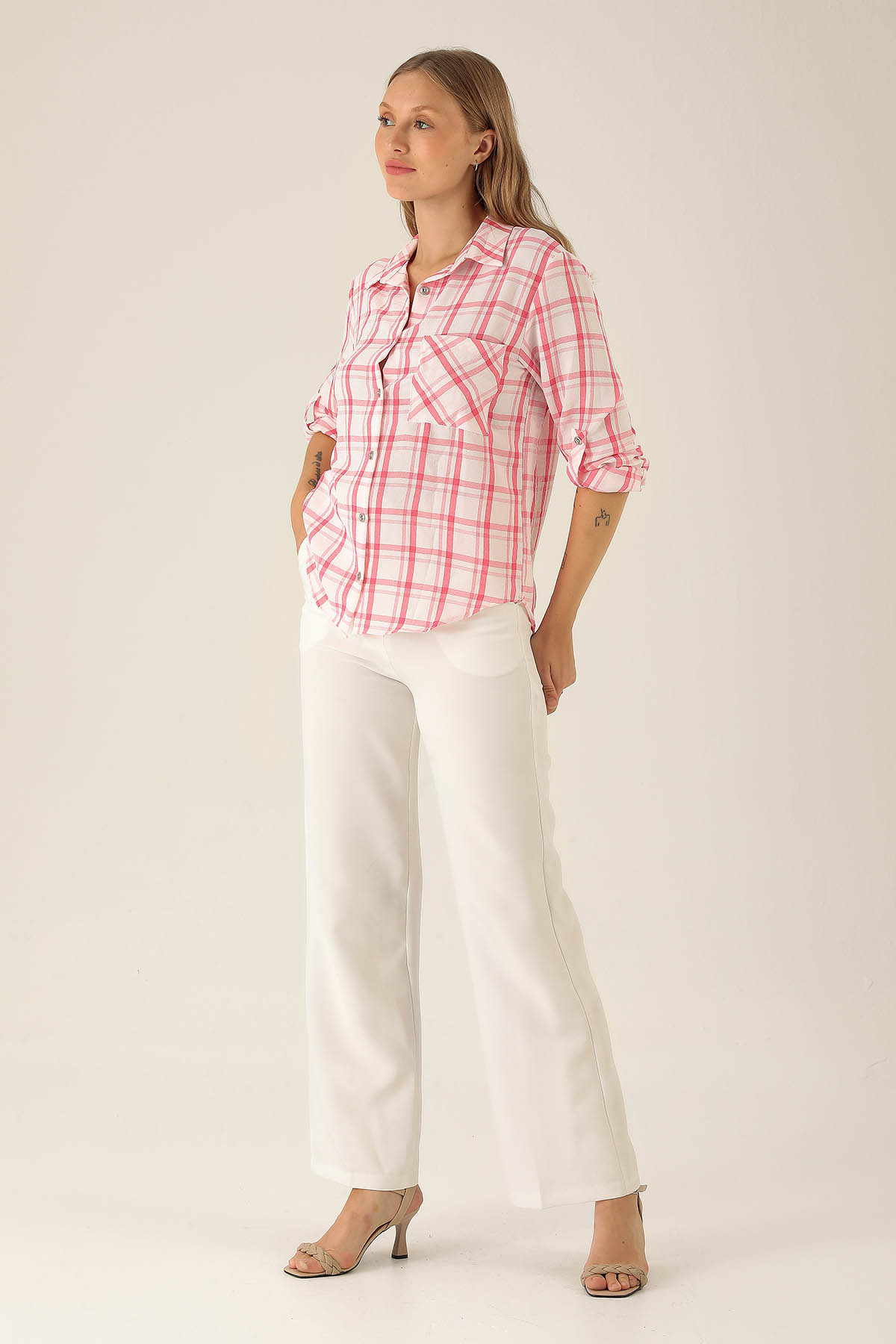 Ekoseli Bayan Gömlek - 6791A Fuşya - 3