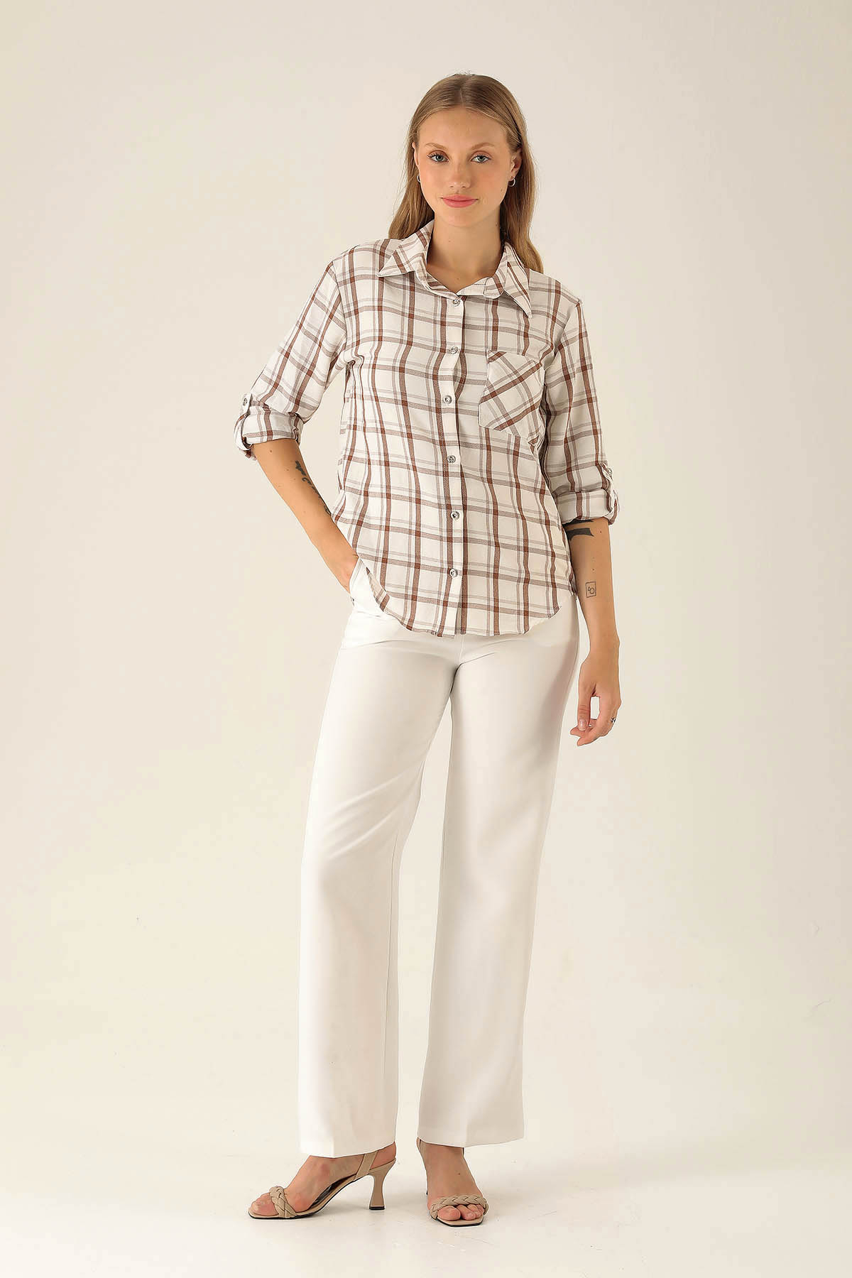 Ekoseli Bayan Gömlek - 6791A Kahve - 3