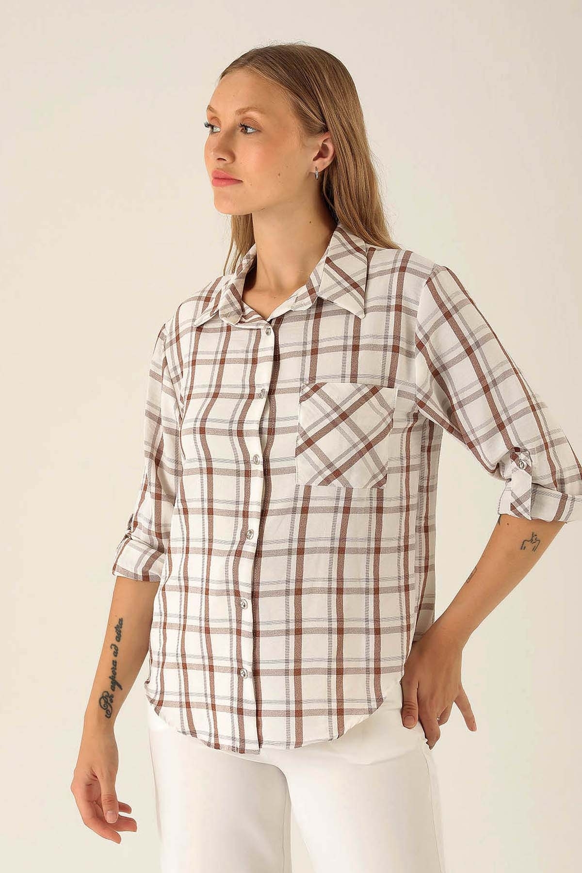 Ekoseli Bayan Gömlek - 6791A Kahve - 1