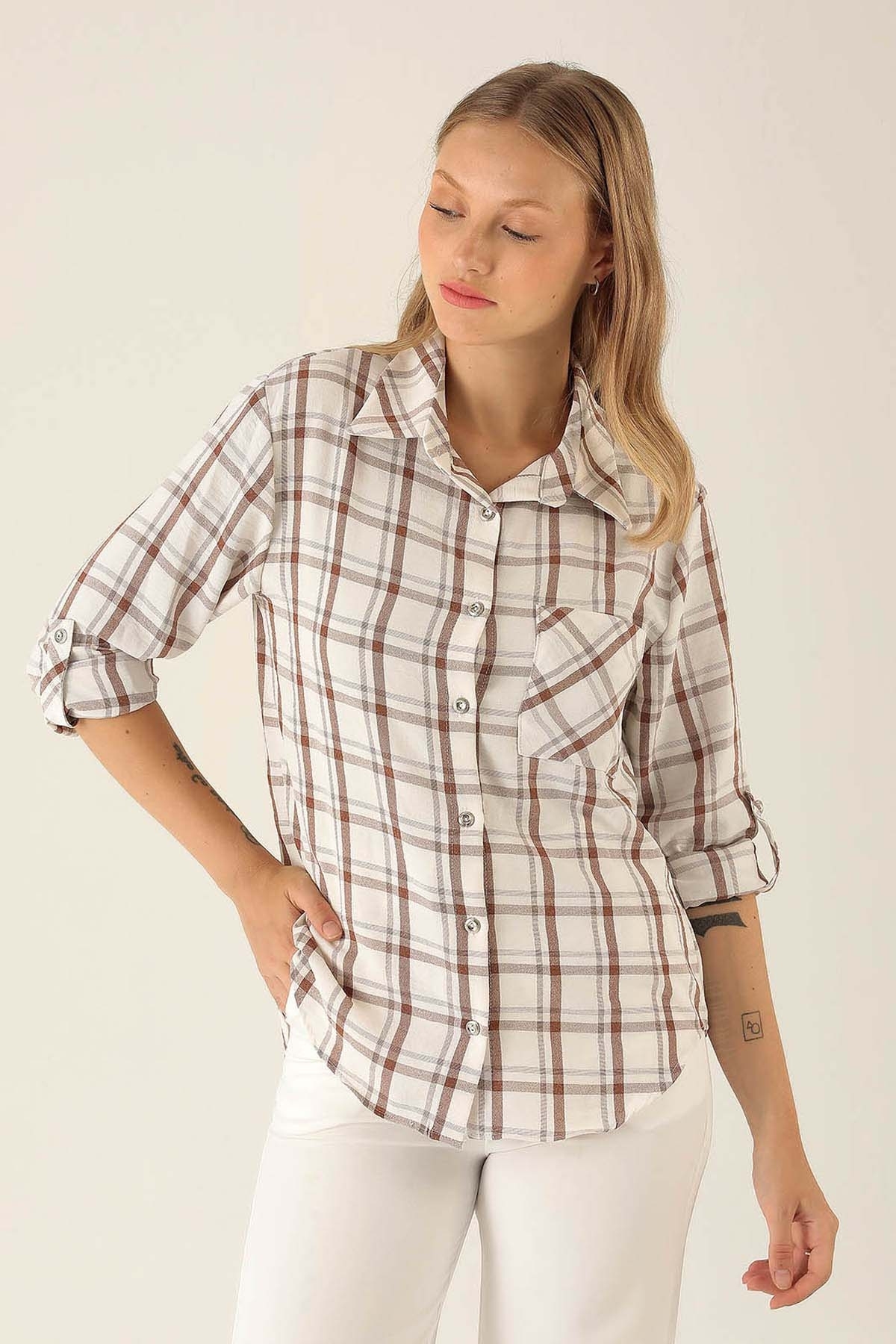 Ekoseli Bayan Gömlek - 6791A Kahve - 2