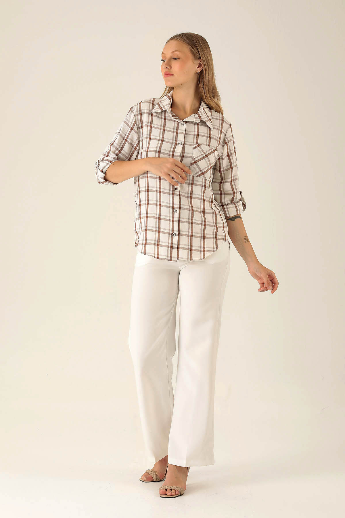 Ekoseli Bayan Gömlek - 6791A Kahve - 4