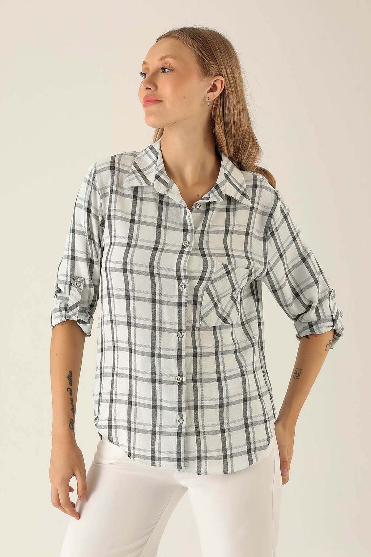 Ekoseli Bayan Gömlek - 6791A Siyah - 2