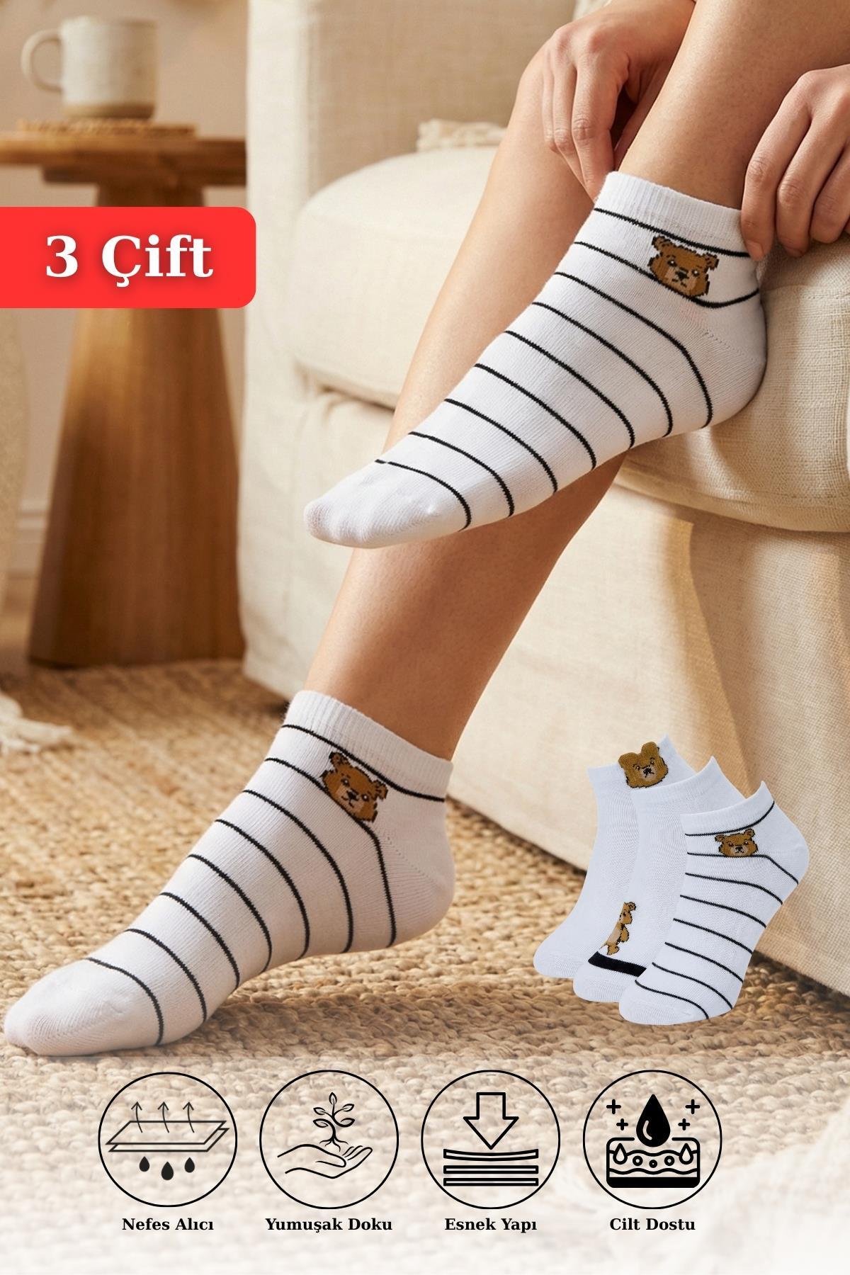 Ekru Ayı Desenli 3'lü Örme Çorap 1212 - 1