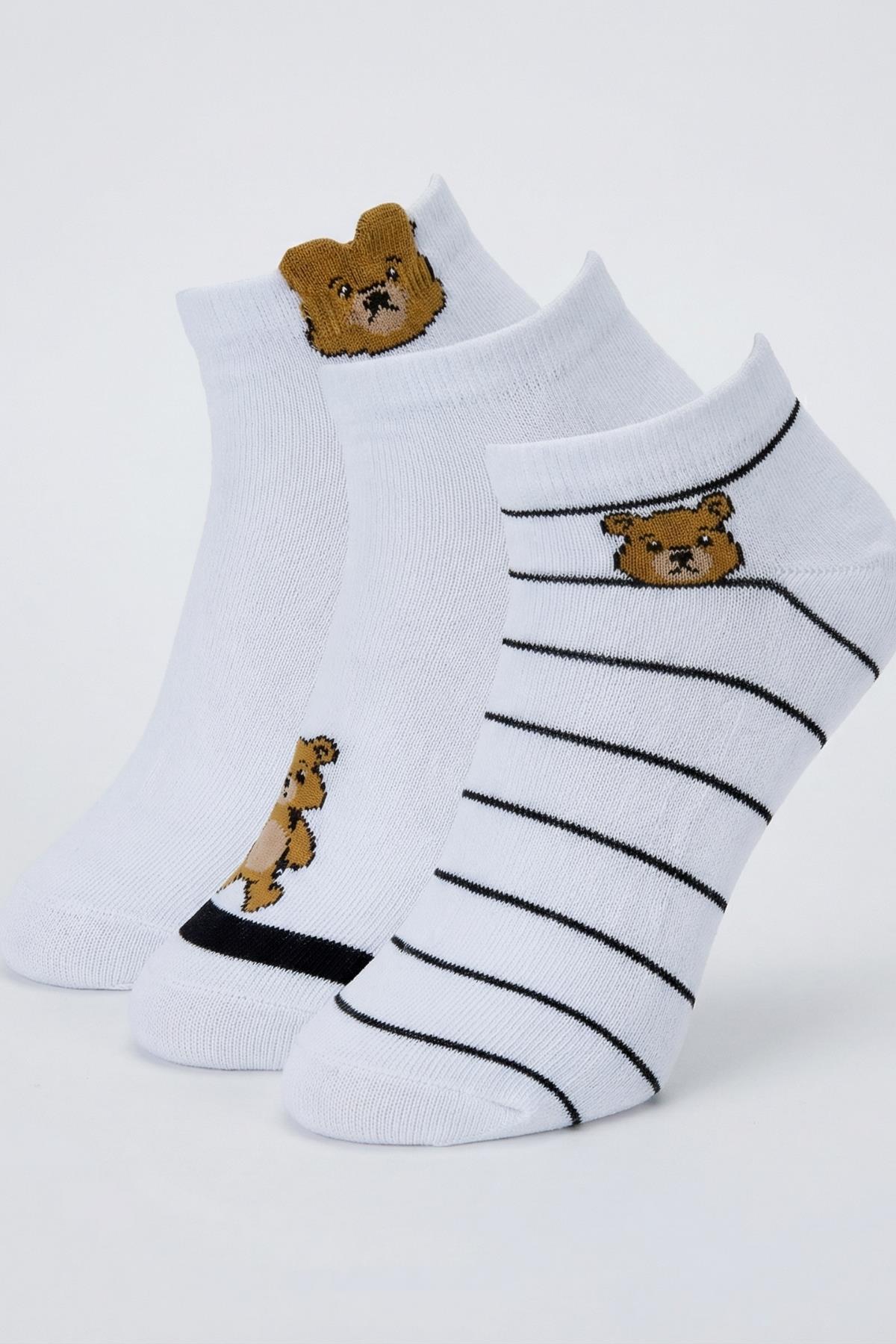 Ekru Ayı Desenli 3'lü Örme Çorap 1212 - RAYS