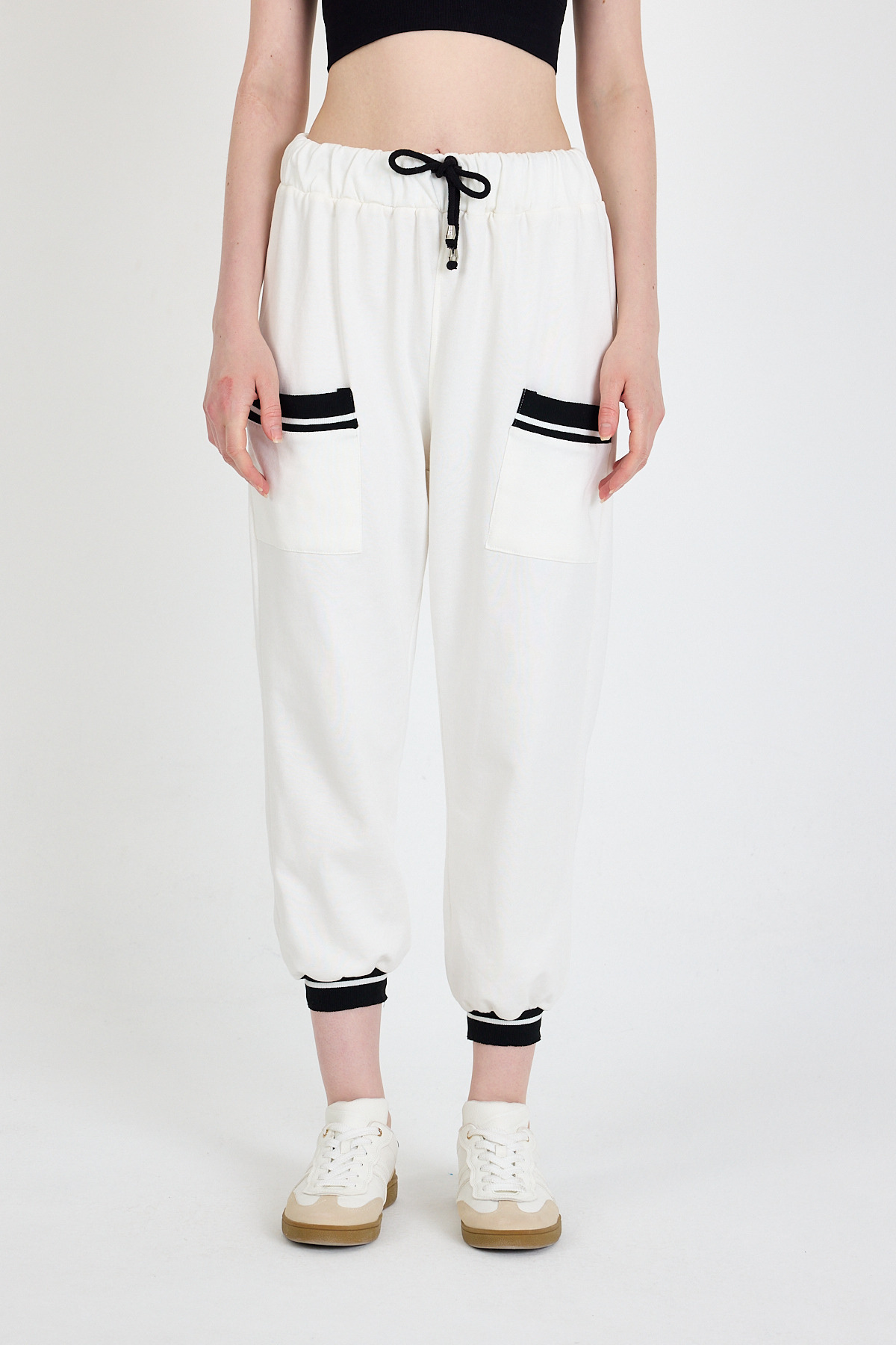 Ekru Bel Lastikli Cepli Şerit Detaylı Jogger Eşofman Altı 81524 - RAYS