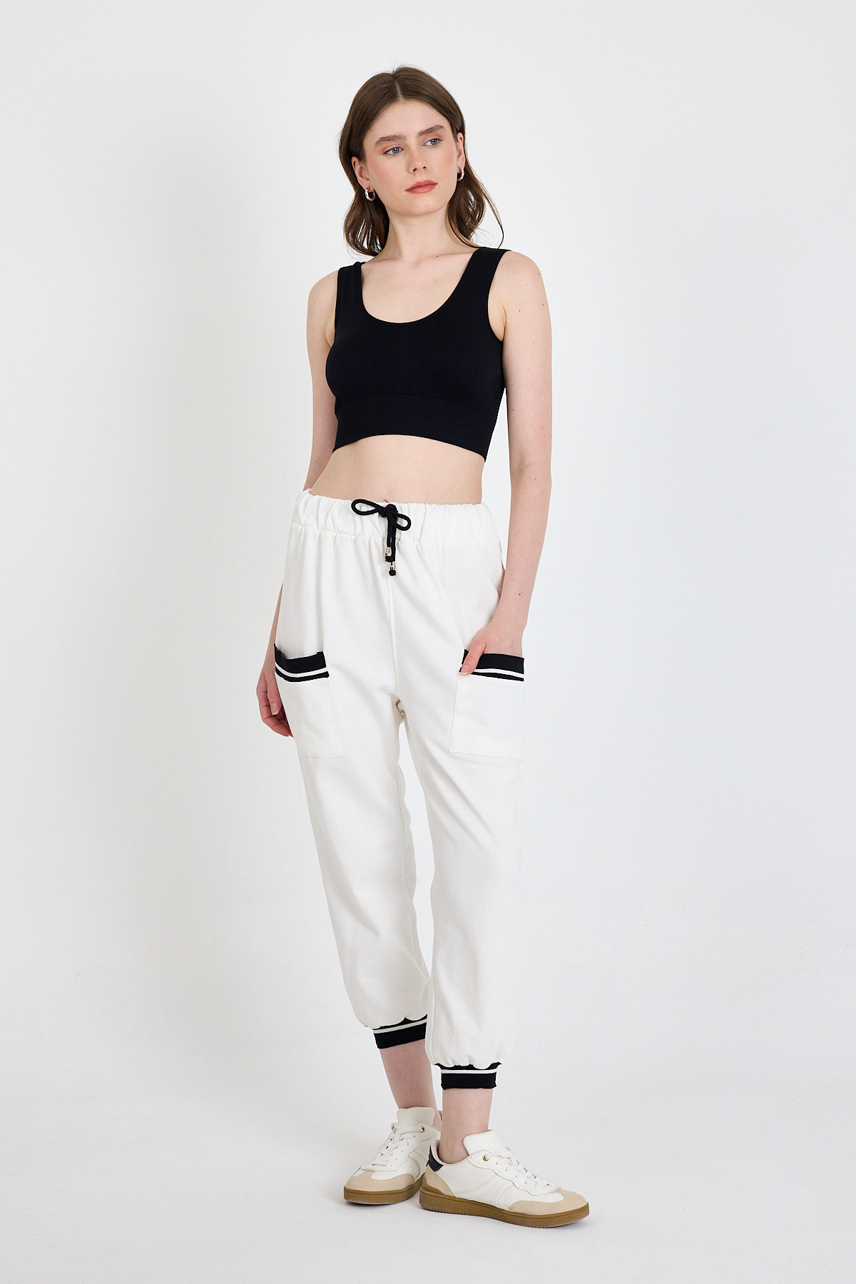 Ekru Bel Lastikli Cepli Şerit Detaylı Jogger Eşofman Altı 81524 
