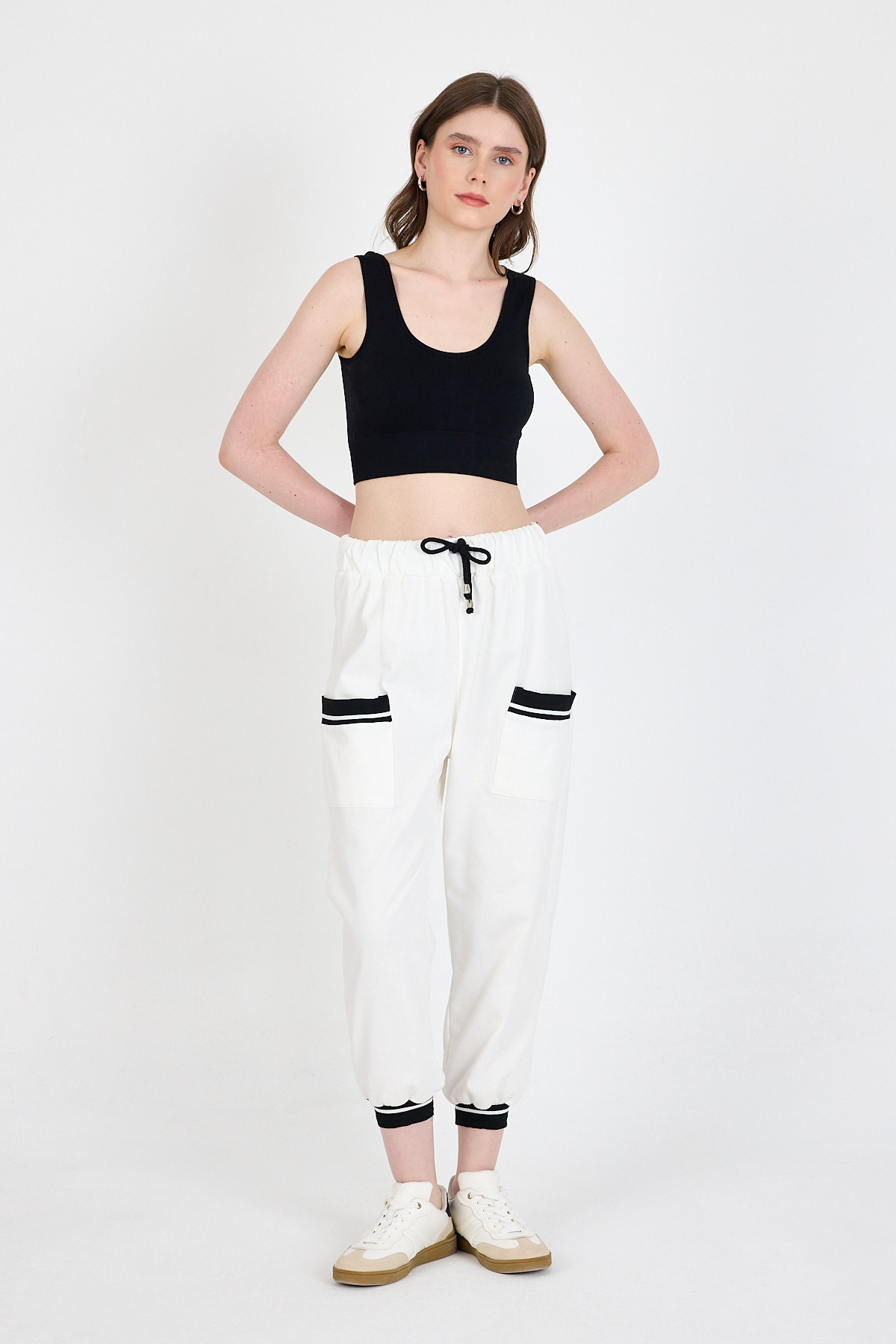 Ekru Bel Lastikli Cepli Şerit Detaylı Jogger Eşofman Altı 81524 - 6