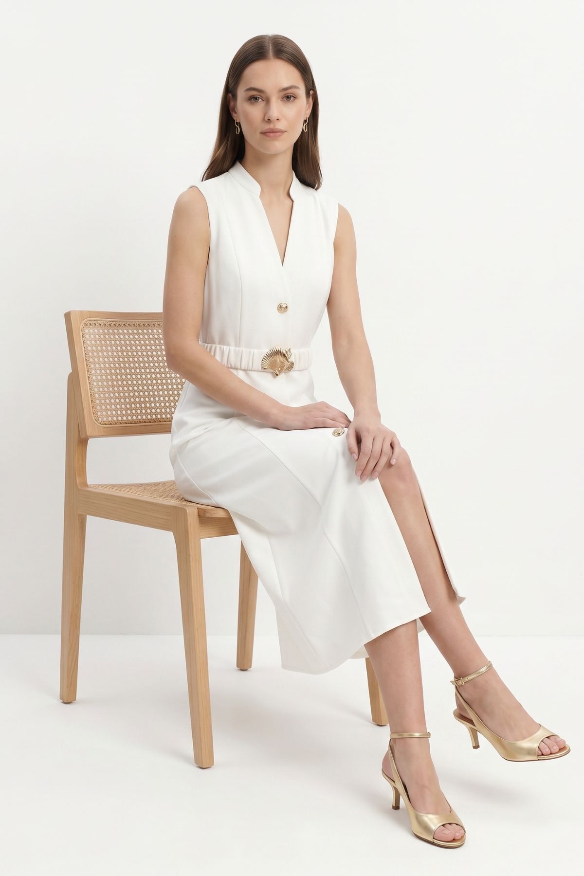 Ekru Bel Tokalı Kolsuz Midi Elbise 261670 